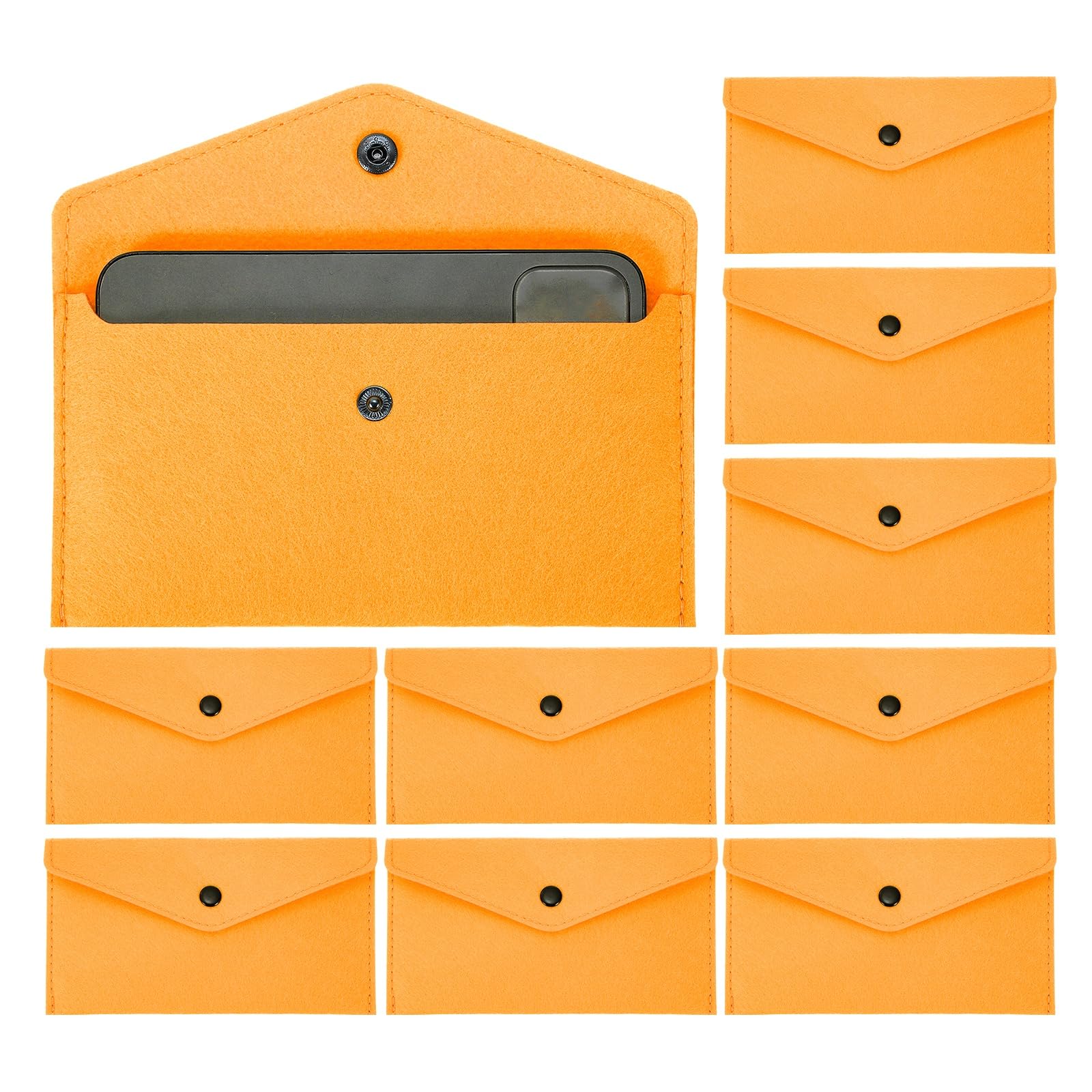 PATIKIL 10Pcs Felt Money Bag, Felt Cellphone Sleeve Case Pouch Cash Bag Button Closure Cash Envelope Wallet Storage Pouch for Card Pen Sunglasses, Orange Yellow