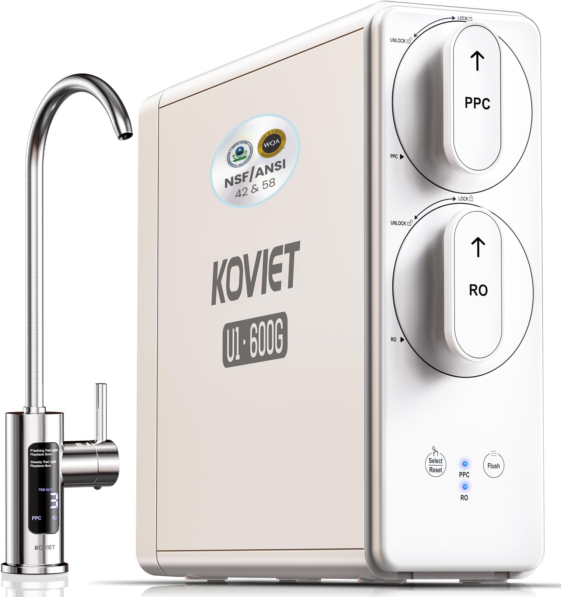 KOVIET Reverse Osmosis System, 10-Stage 600 GPD Tankless Reverse Osmosis Water Filter, Under Sink RO Water Filtration System with Smart LED Faucet, NSF/ANSI 42 & 58 Certified, 3:1 Pure to Drain