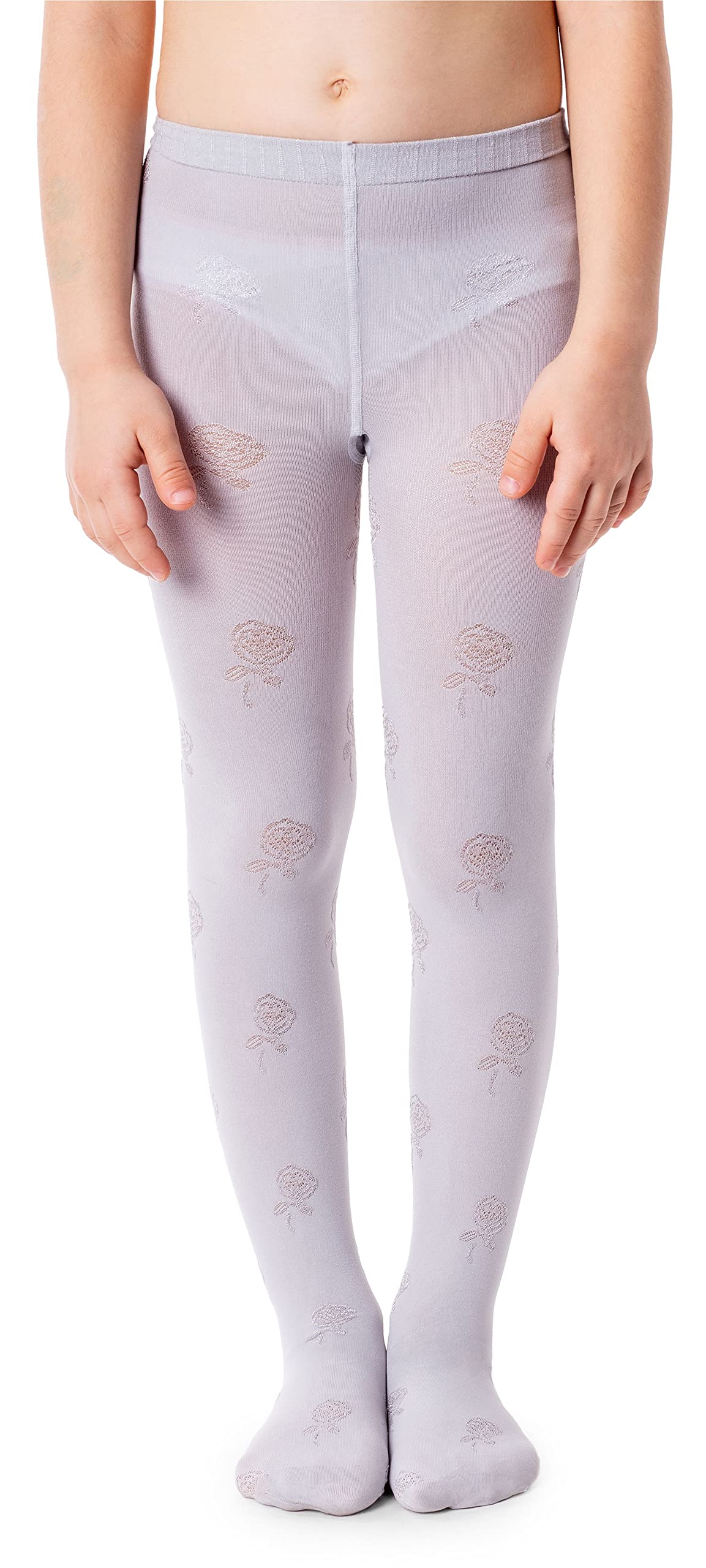 Noq Girls Laura Silver Tights With 3D Effect Pattern Plain Dance Gymnastic School Pantyhose Fancy Outfit Little Princess, 4-5 Years (104-110 Cm)