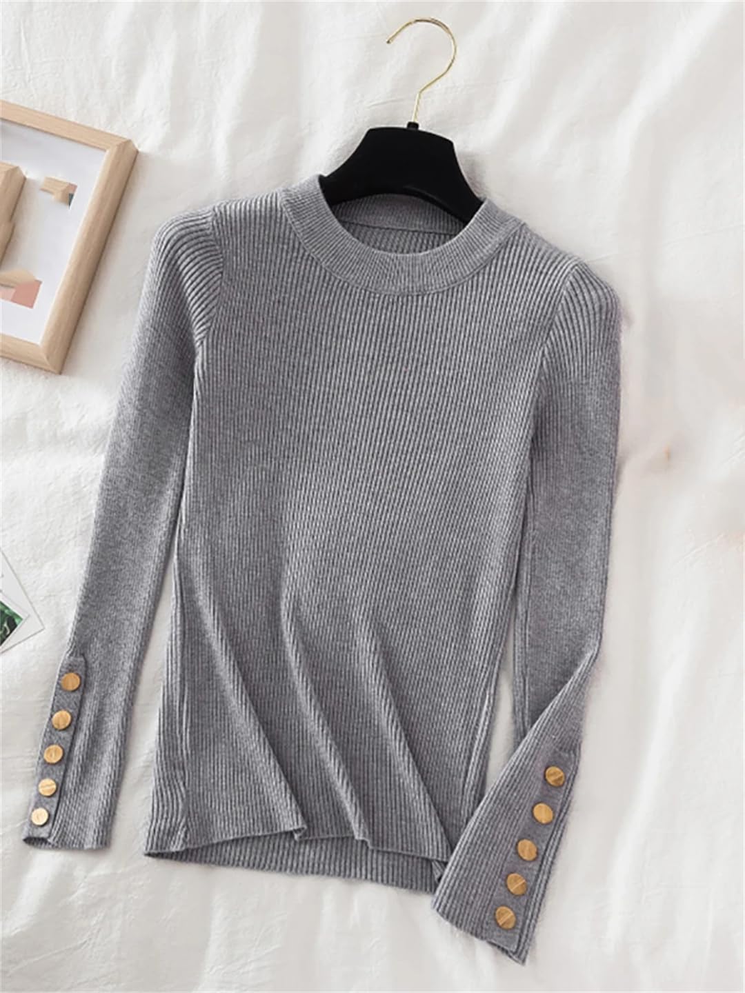 Suéter grueso para mujer, color caqui, casual, otoño, invierno, con botones, cuello redondo, suéter femenino de punto delgado, suéter suave