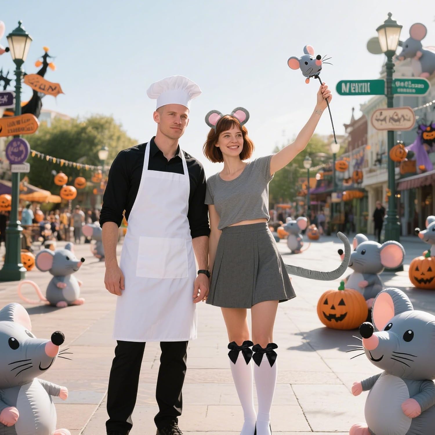 5 Pcs Couple Mouse Costume Accessories for Man and Woman with Adjustable Apron Chef Hat Mouse Headband Tail and Bow Socks for Women Men Halloween Cosplay Party - Image 7