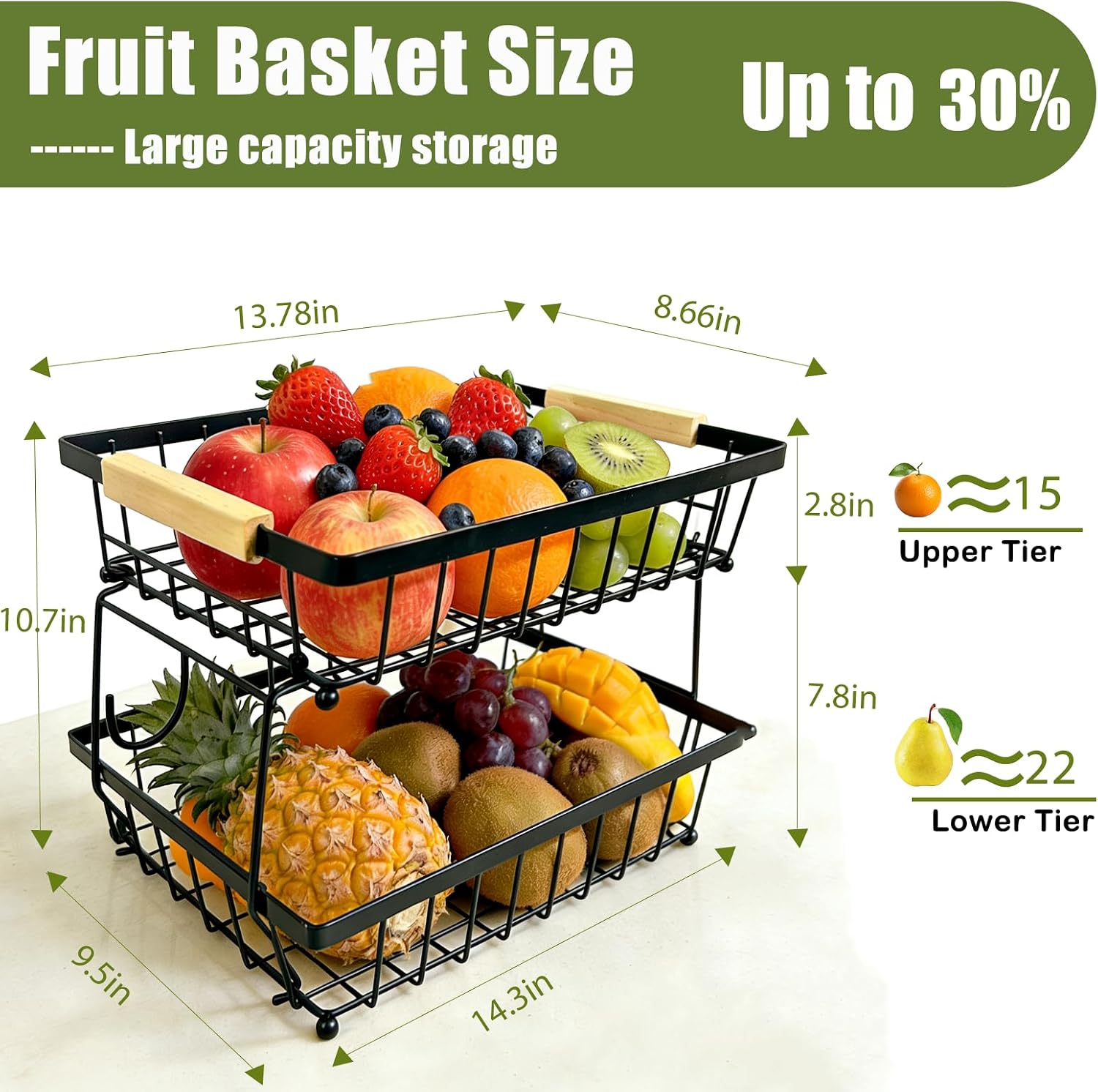 2 Tier Fruit Basket for Kitchen Counter, Large Fruit Holder with 2 Banana Hooks, Detachable Metal Fruit Stand with Wooden Handle, Kitchen Storage Cart,Vegetable Basket, Snack Rack