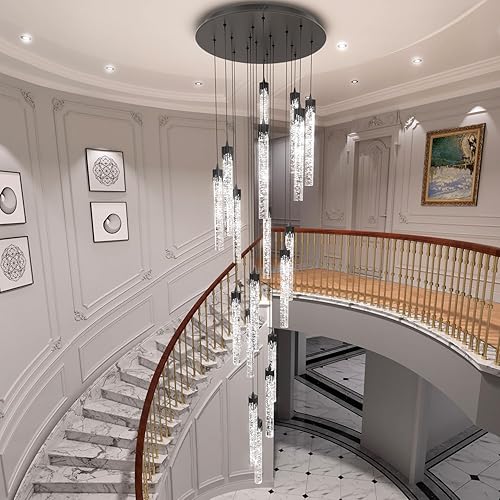Miniatura 2 de H138'' Lámpara de araña de columna de burbujas de cristal, color negro, 18 luces de techo para entrada de vestíbulo, techo inclinado, iluminación