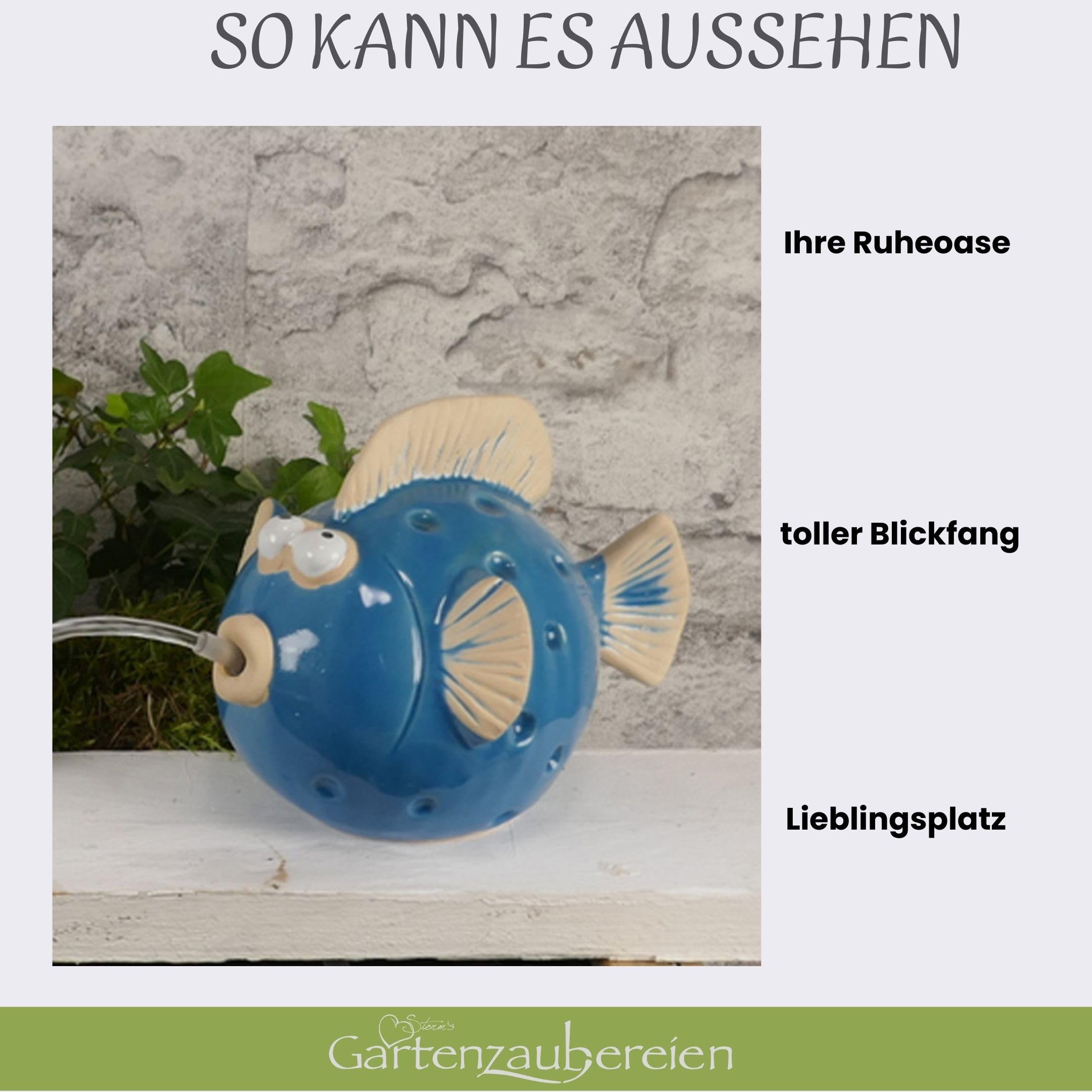 Wasserspeier Fisch blau aus Keramik mit Pumpe 230V 12cm für Miniteich - Balkon und Terrasse