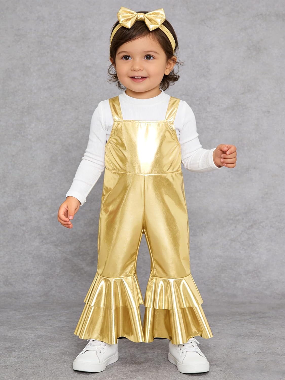 Baby Girls Shiny Metallic Bib Overalls Bell-Bottom Pants Coveralls Jumpsuit Festive Clothing Gold 3-4 Years
