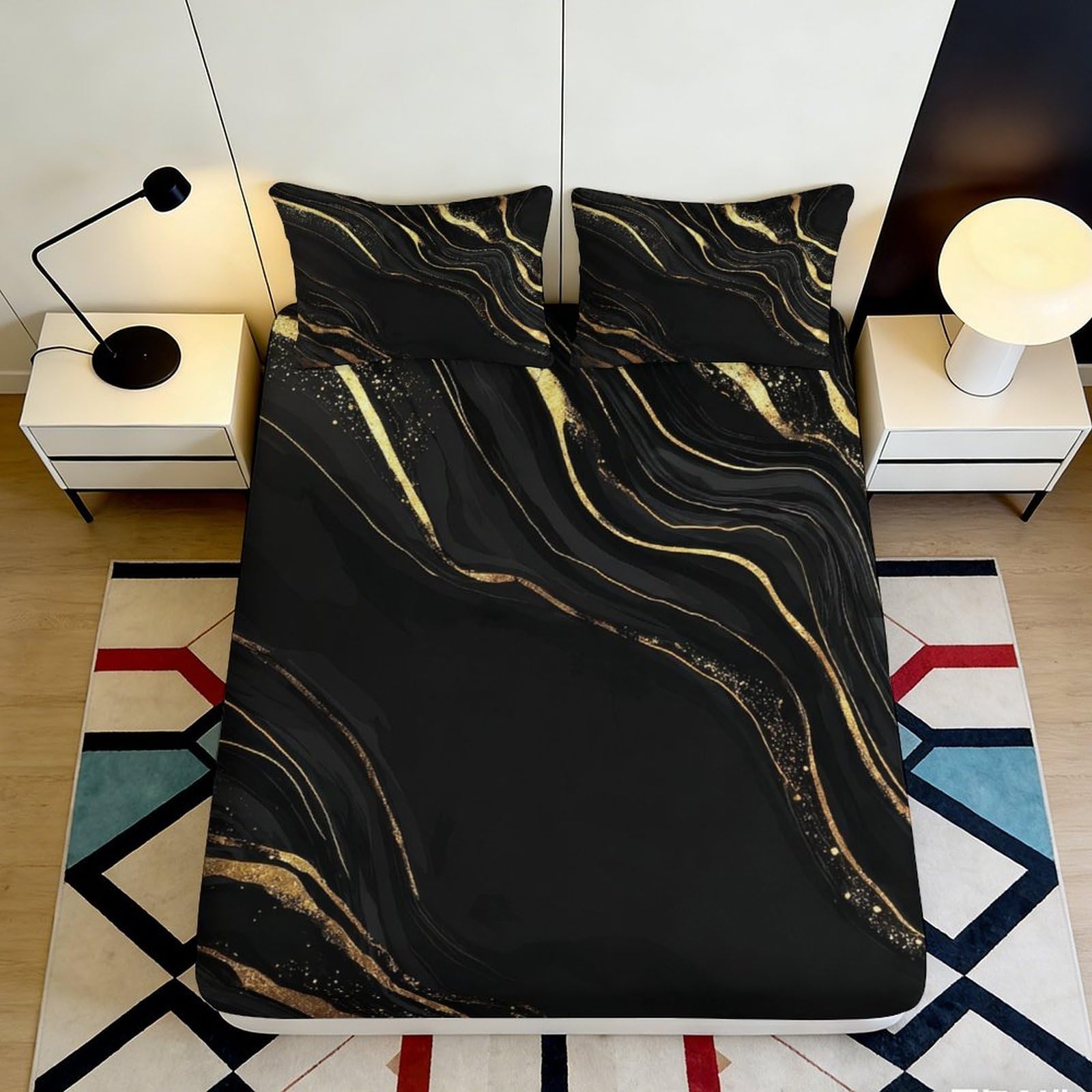 3D Printed Black Marble Fitted Sheet Microfiber Soft Breathable Gold Vein Mattress Cover for Bedroom Dorm Decor 160x200x25cm