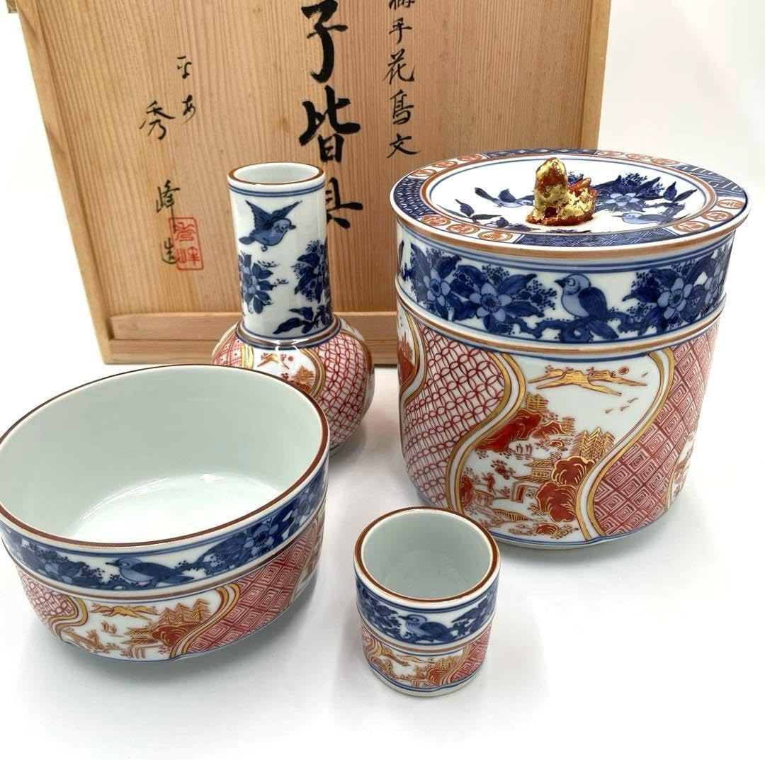 茶道具 染付 金襴手 花鳥文 平安 秀峰 台子皆具 水指 蓋置