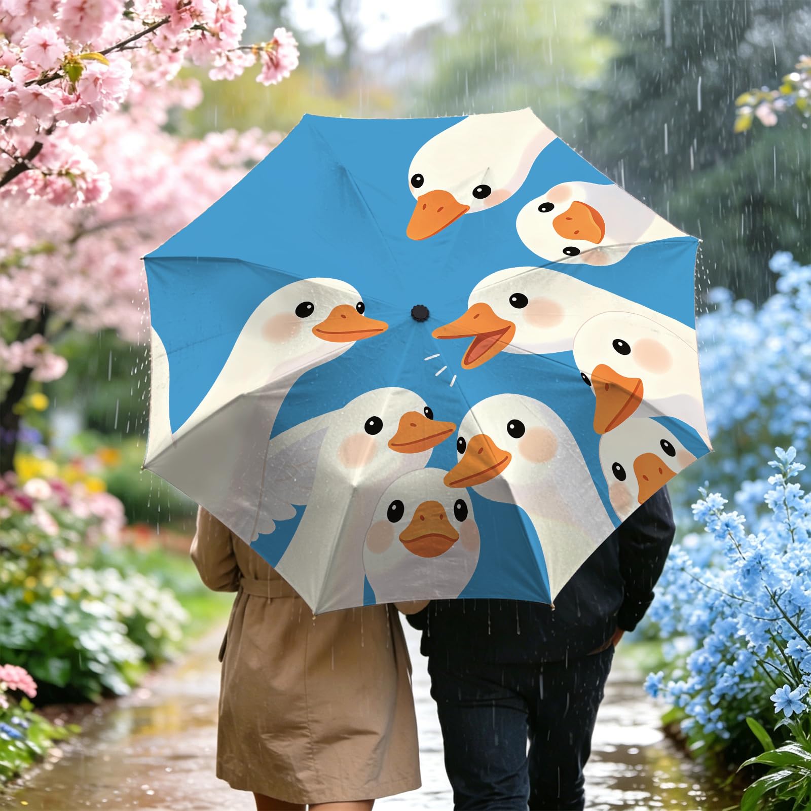 MAYJOYDIY Dulce Pato Automático Paraguas Plegable 107cm Dibujos Animados Pato Viaje Paraguas a Prueba de Viaje Azul Automático Abrir Cerrar Sombrillas Compactas para Mujeres Hombres Lluvia y