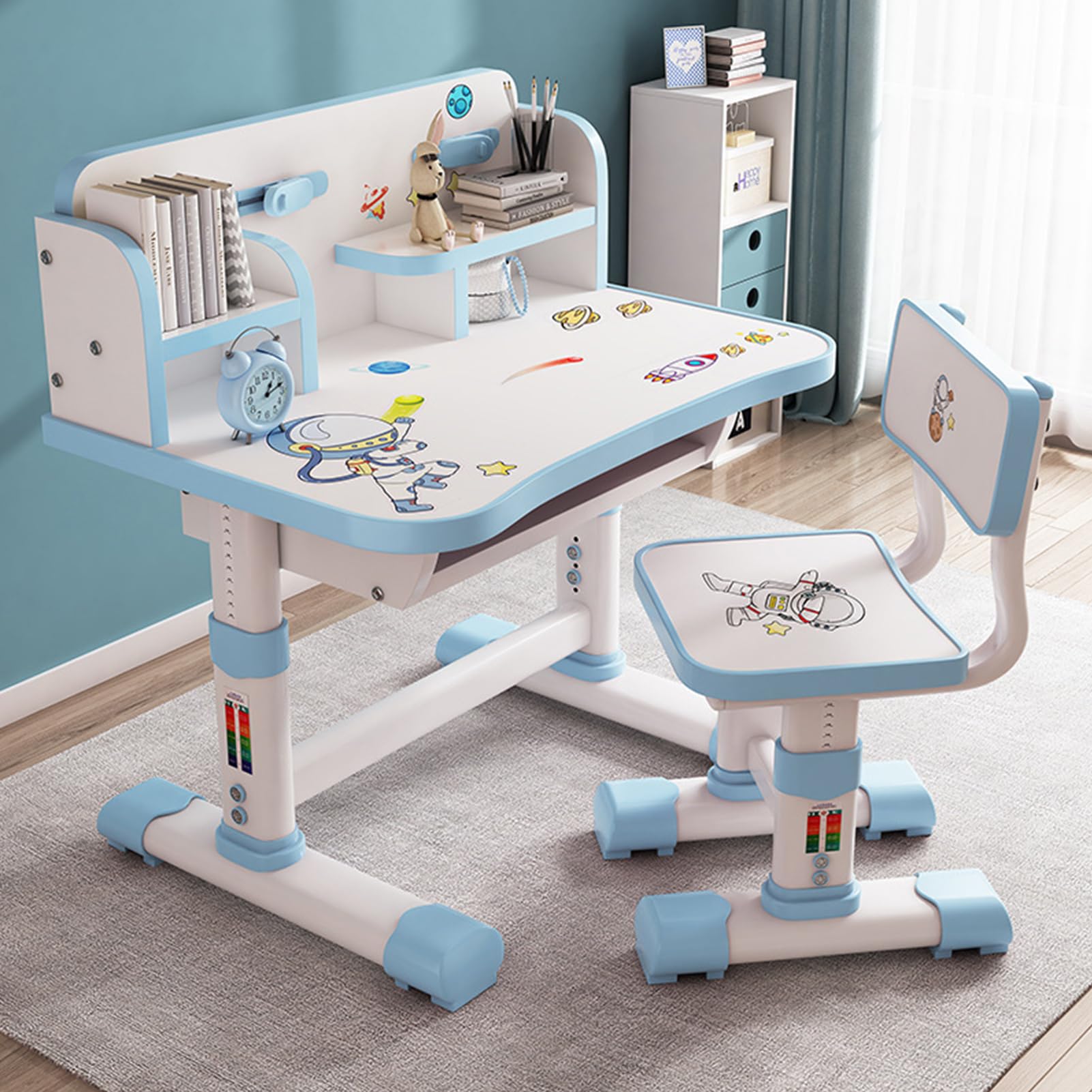 Kids Desk and Chair Set,Height Adjustable Student Study Table with Drawable Desktop,Book Stand,Bookshelf,Drawer,for Writing Reading Drawing,Study Desk Study Table and Chair for Boys Girls (Blue B)