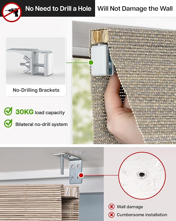 LazBlinds No Drill Bamboo Roman Shades, 31" W x 64" H, Star-Grey by LazBlinds - Used condition - Image 2