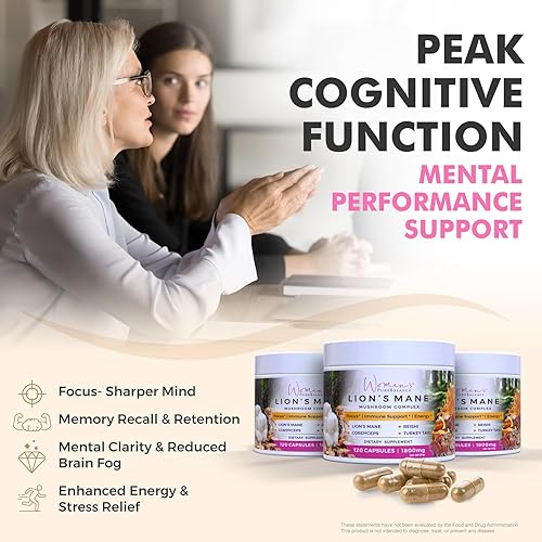 Miniatura 6 de Women's PureBalance Cápsulas de suplemento de hongo de melena de león con Reishi, Cordyceps, cola de pavo - Nootrópico cerebral para memoria,