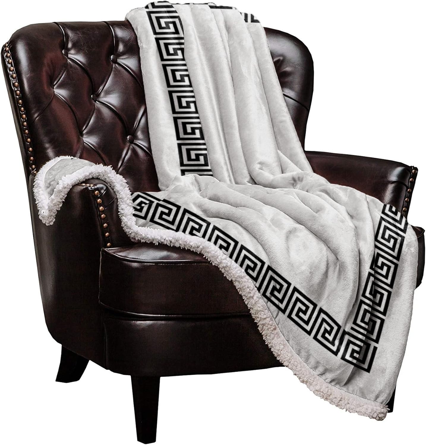 Sherpa Blanket Geometric Greek Key Design Sherpa Fleece Throw Blanket Warm Soft Cozy Blanket Black Fuzzy Blanket Lightweight Plush Blankets for Bed Couch Sofa 40" x 50"