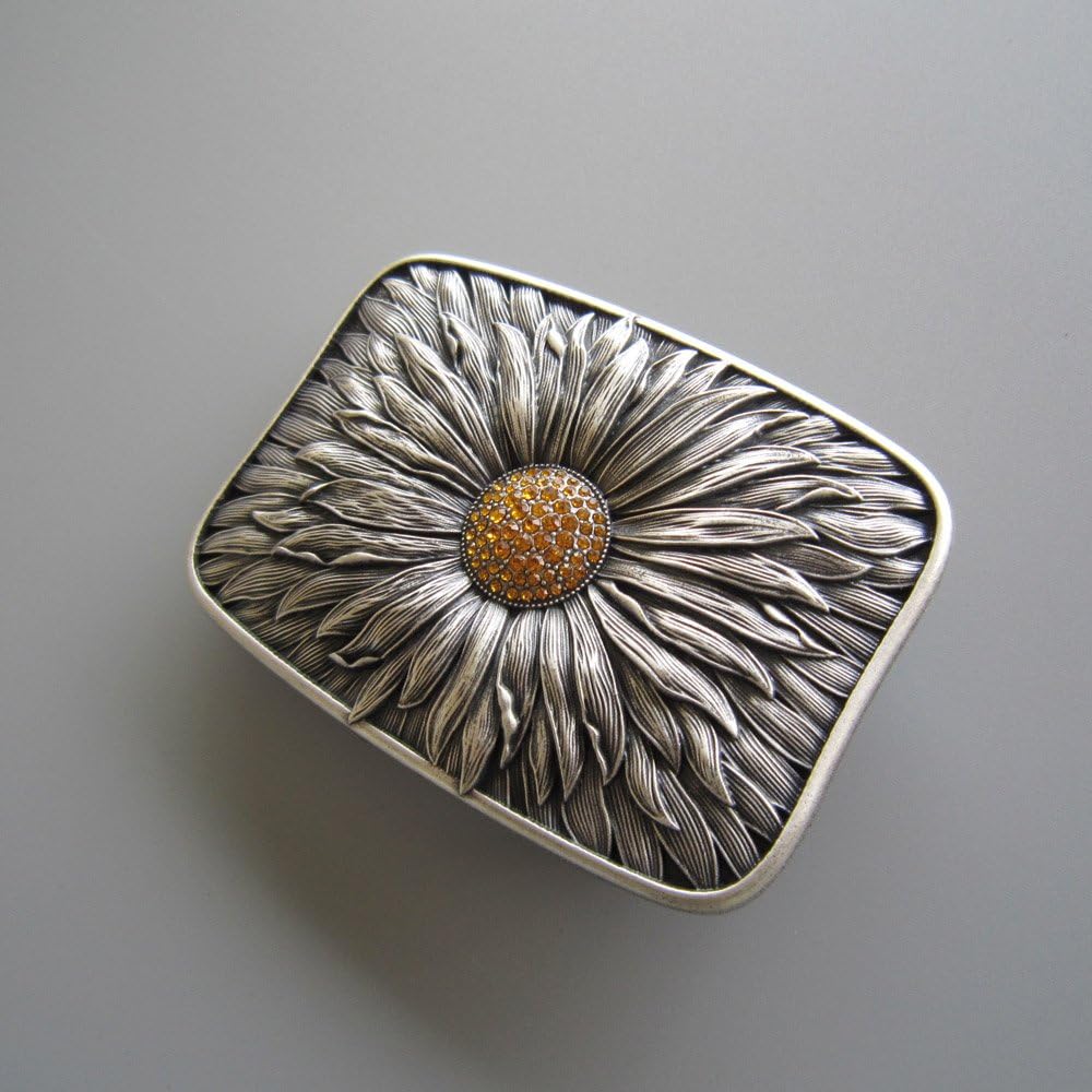 JEAN'S FRIEND Vintage Silver Plated Rhinestones Blooming Daisy Bling Belt Buckle