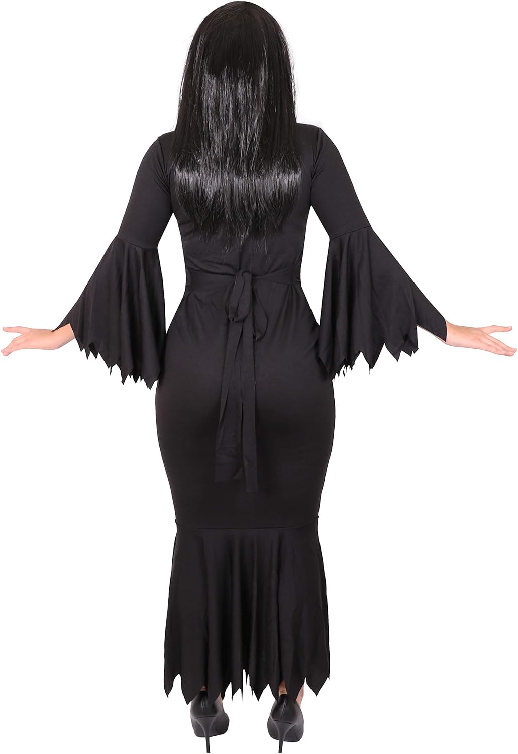 LADIES GOTHIC DRESS FANCY DRESS COSTUME LONG BLACK DRESS WITH CHOPPED