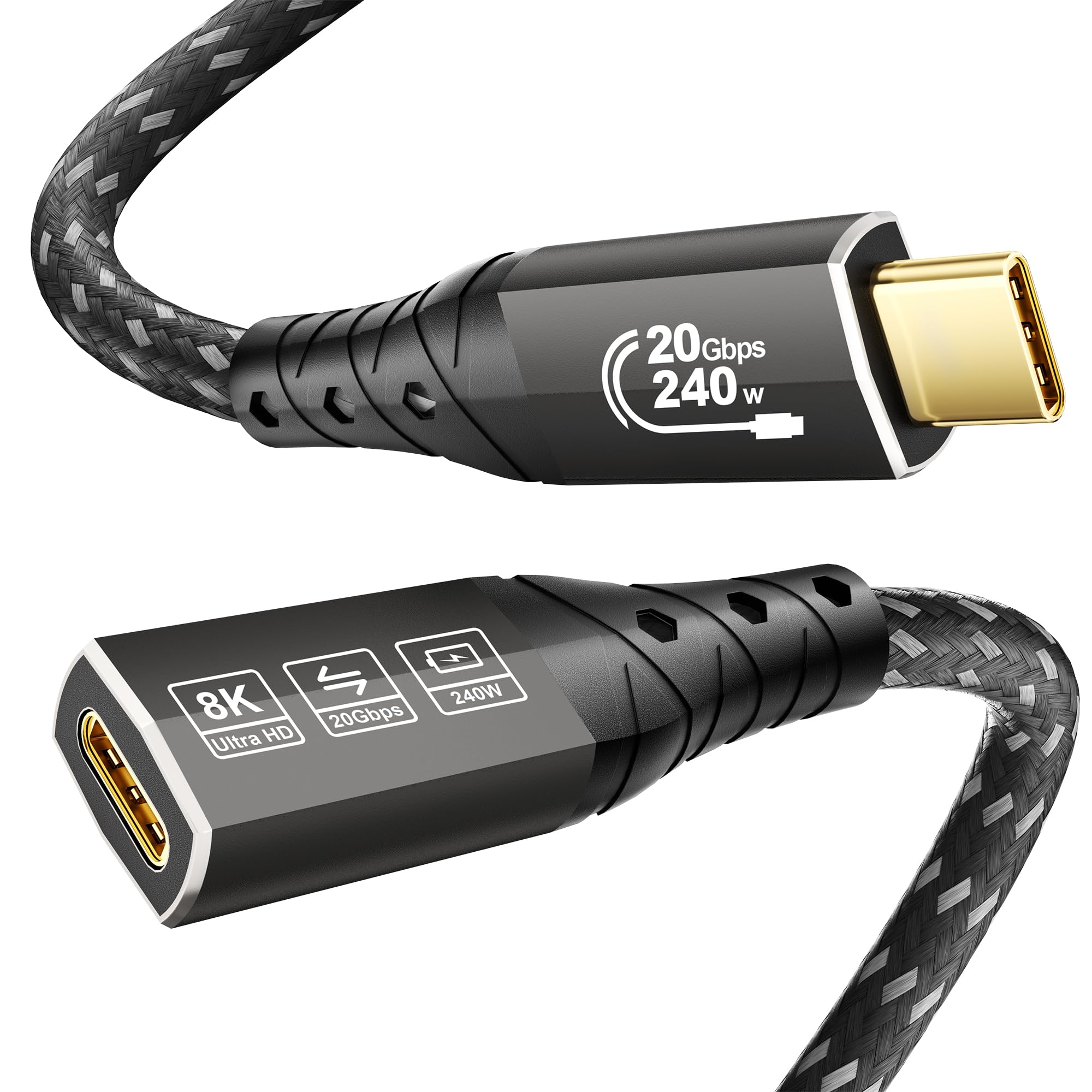 ZIKNYDO Prolunga USB C 1m, (USB C 3.2 Gen 2x2 20Gbps, Video 8K@30Hz, 4K@60Hz/ 144Hz, PD3.1 240W 48V/5A), Cavo Prolunga USB C maschio femmina per Thunderbolt 4, iPhone 16, MacBook, SSD, Switch