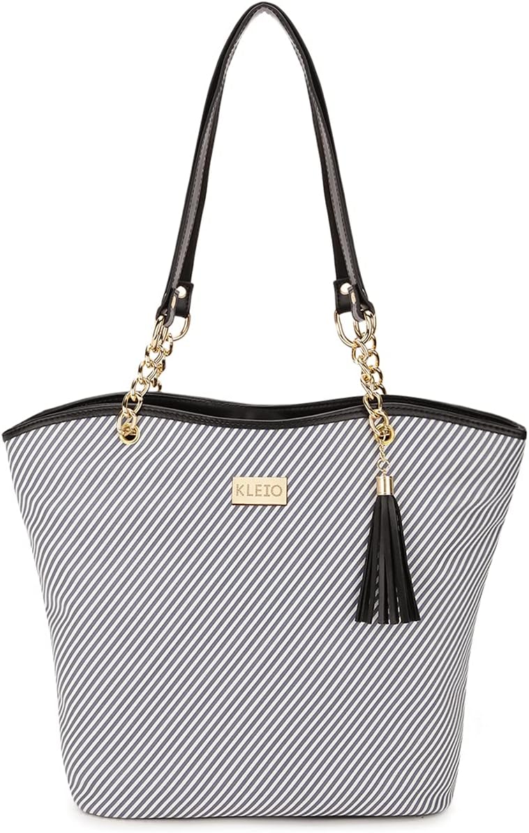 KLEIOStriped Zip Closure Tote Shoulder Handbags For Women/Girls (HO4012KL-BL)(BLACK)