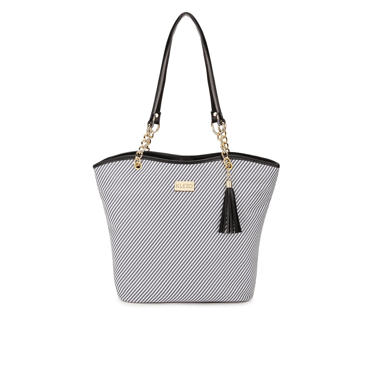 KLEIOStriped Zip Closure Tote Shoulder Handbags For Women/Girls (HO4012KL-BL)(BLACK)