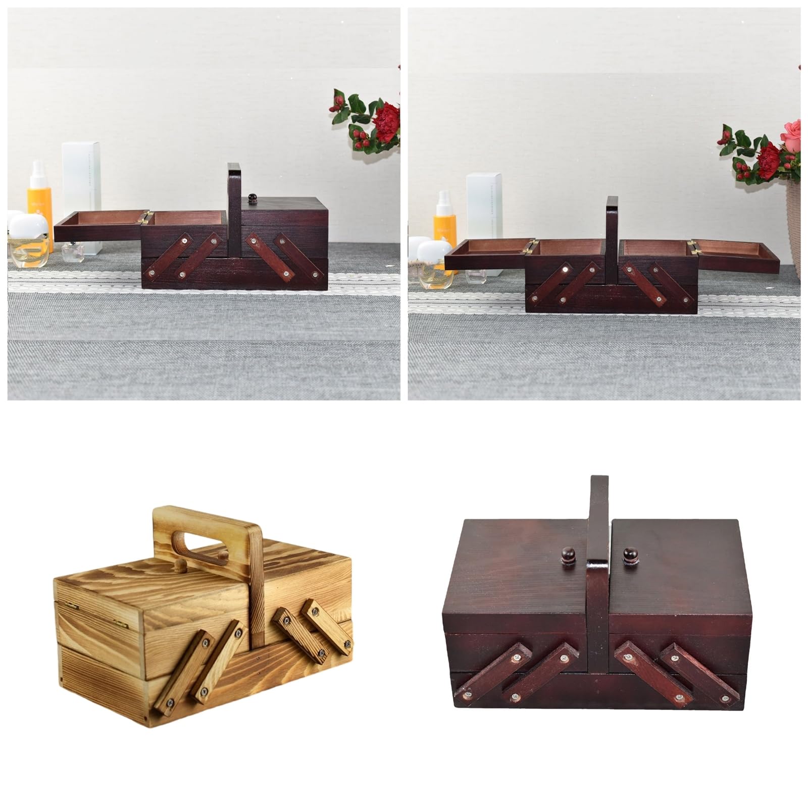 Caja organizadora de costura plegable de madera, caja de almacenamiento de herramientas de costura, organizadores de suministros de punto para bordar suministros de punto