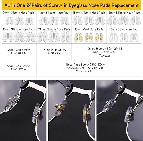 Miniatura 4 de Almohadillas nasales para gafas, 24 pares de almohadillas para la nariz para gafas, kit de reparación de lentes magnético mejorado con juego de