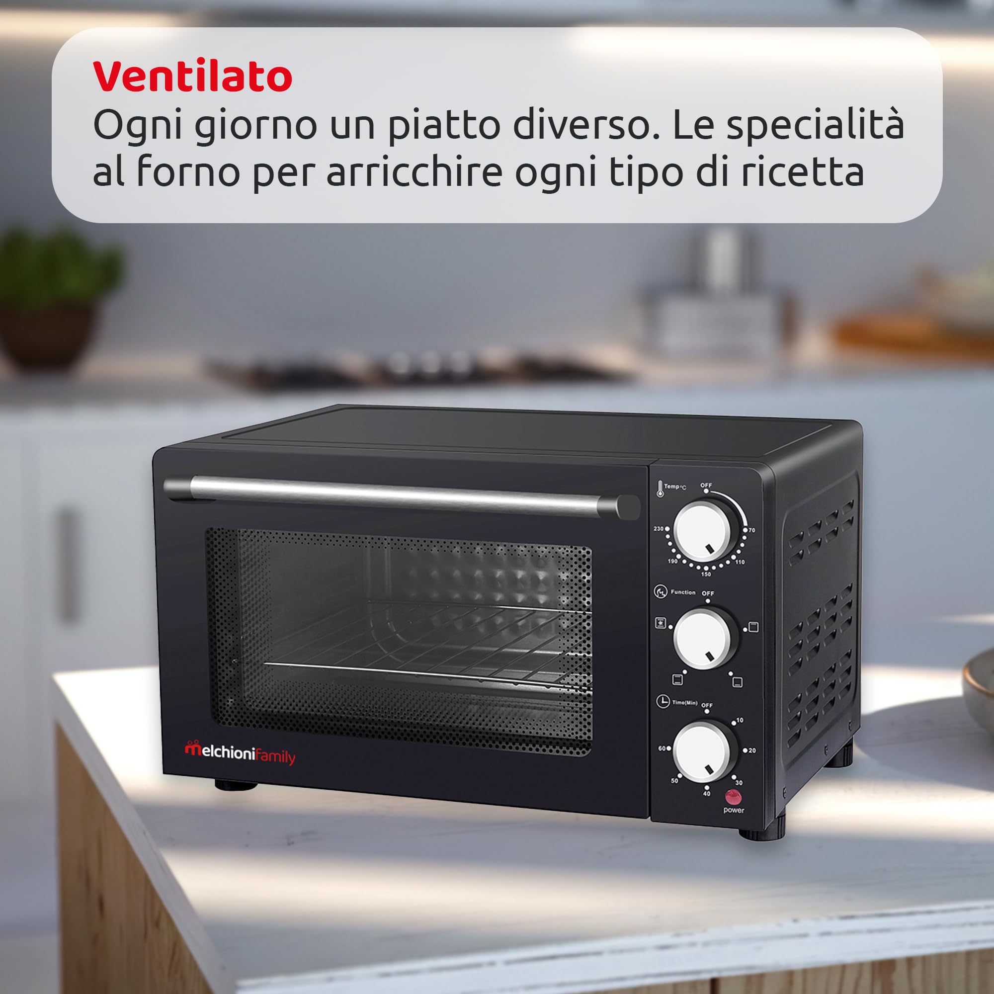 Melchioni Family | Forno Elettrico Ventilato ENJOY 24, Capacità 24 litri, 1200W, Multicottura con Timer 60 Minuti, Termostato Regolabile fino a 230° C