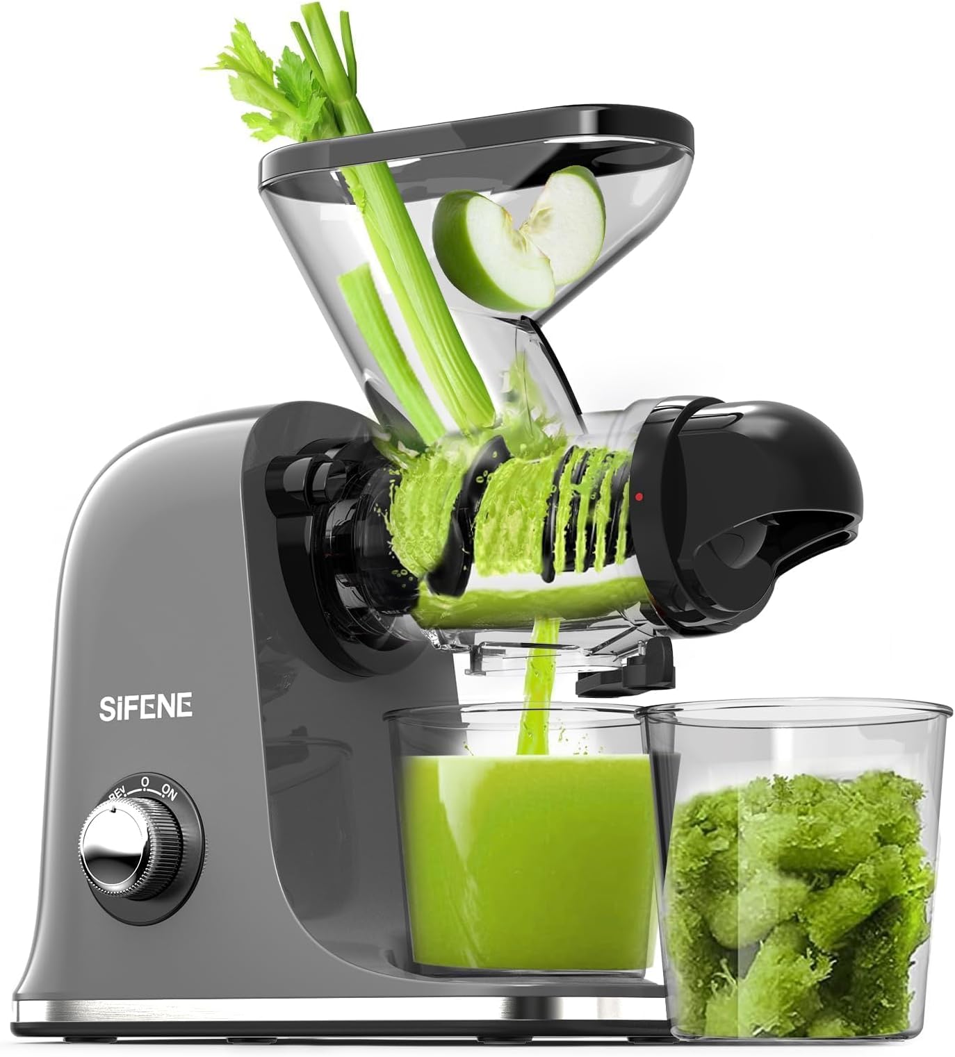 SiFENE Cold Press Juicer Machine, Compact Single Serve Slow Masticating Juicer, Vegetable and Fruit Juice Extractor Maker Squeezer, Easy to Clean, Non-BPA, Grey