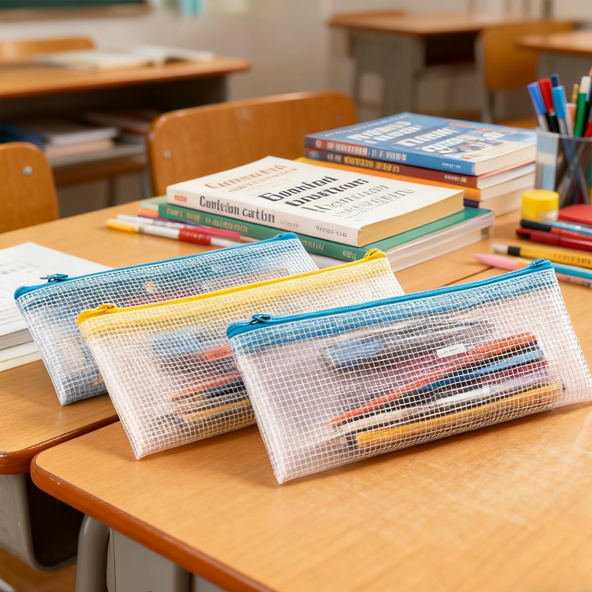 100 Pack Pencil Case Pouch Bulk, 9.5'' x 4.5'' Small Clear Mesh Zipper Pencil Pouch Bags Waterproof Pencil Holder Pouches for Classroom Office File Travel Bill Stationery, 10 Colors