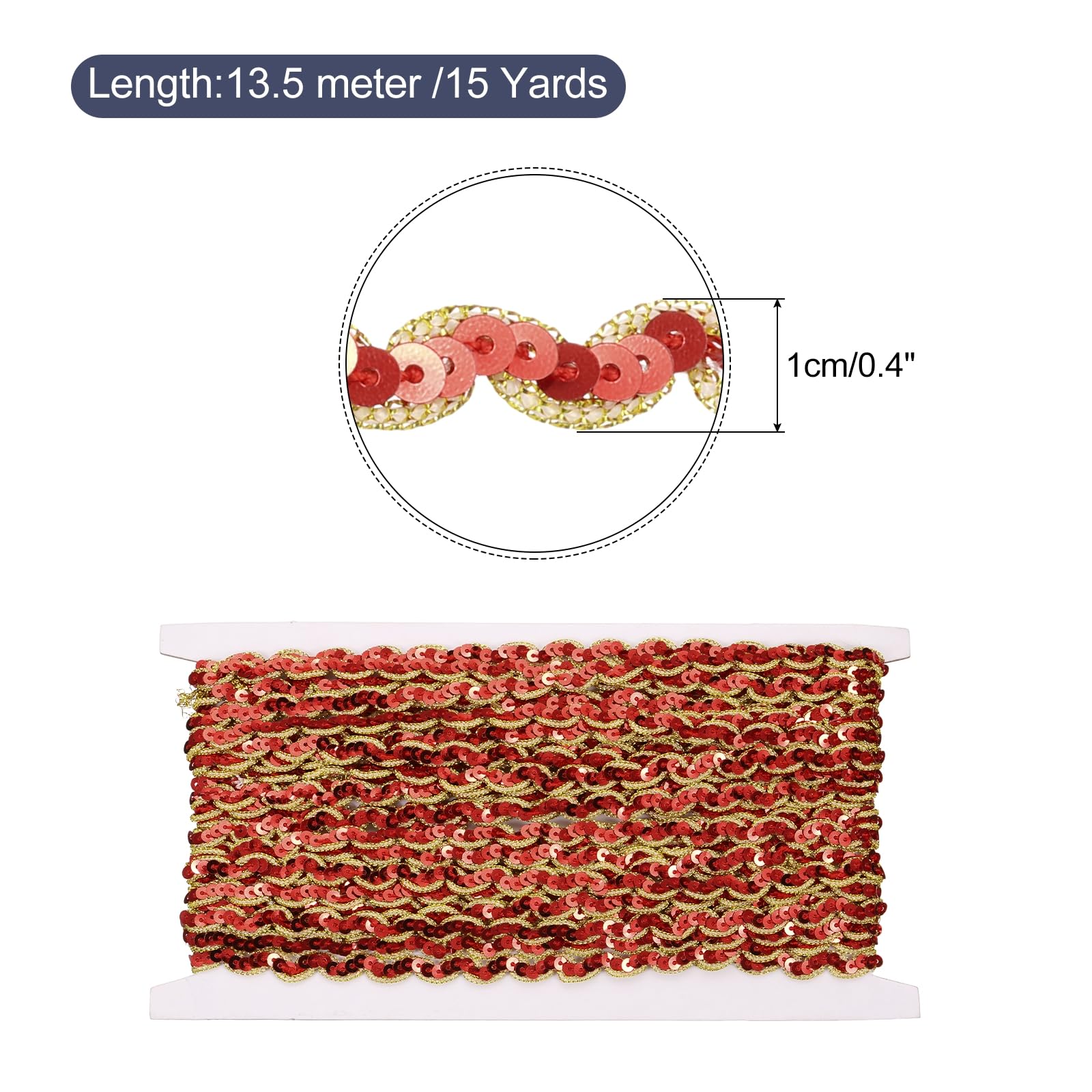 QUARKZMAN 15 Yardas De Adorno De Lentejuelas Para Coser De 1 cm Trenza De Lentejuelas Cinta De Encaje Con Cuentas Tira De Lentejuelas Cinta Para Manualidades, Costura DIY Dorado Rojo