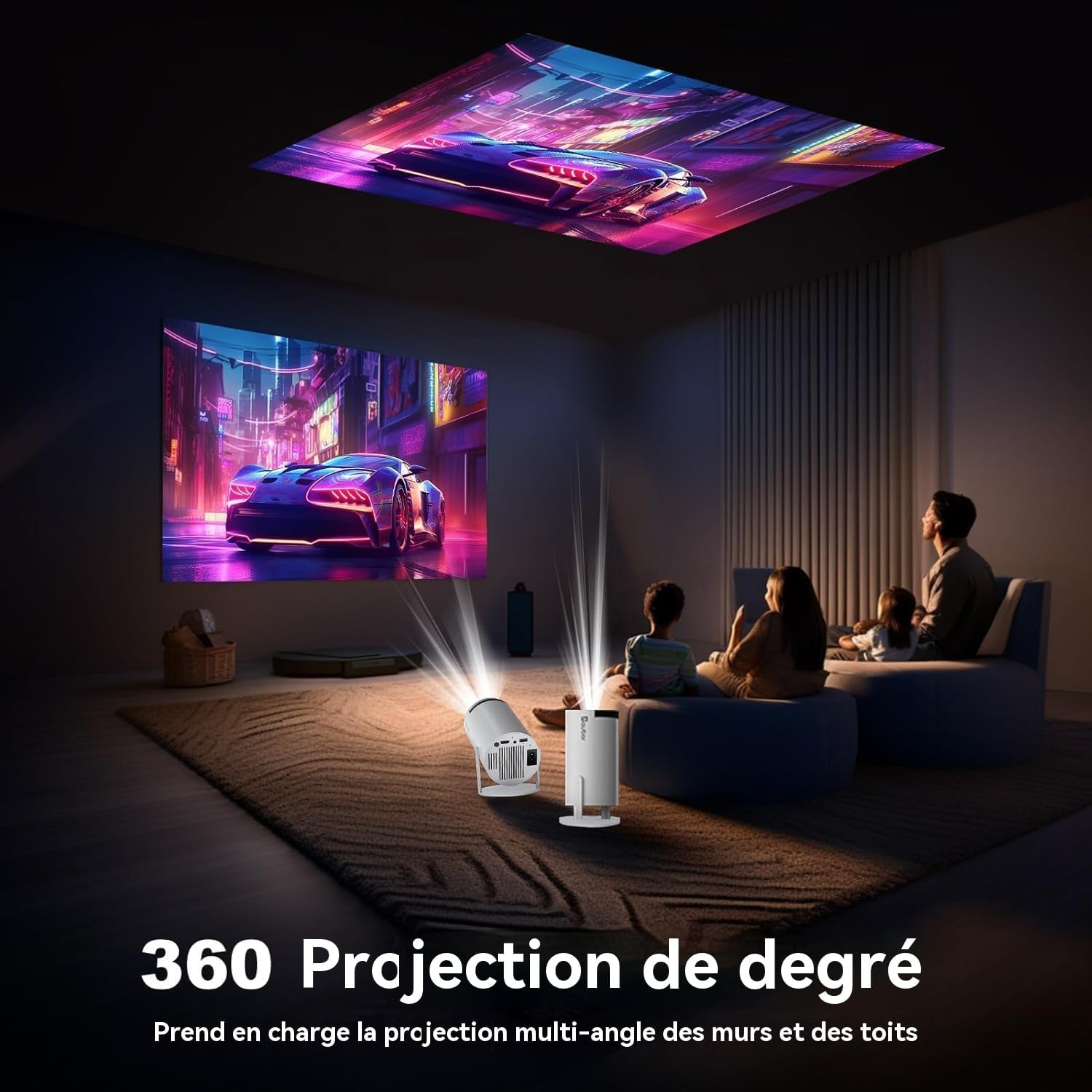 Vidéoprojecteur Portable WiFi/Bluetooth, Projecteur 4K Compatible 1080P Natif 180° Rotation Keystone Auto pour Home Cinéma Extérieur