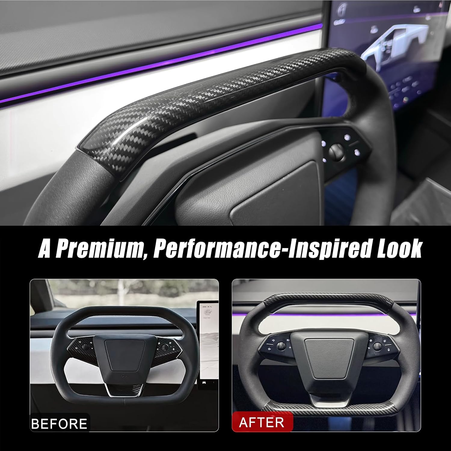 Steering Wheel Covers for Cybertruck Real Carbon Fiber Upper Lower Steering Wheel Overlays Trims for Cybertruck Accessories (Glossy)