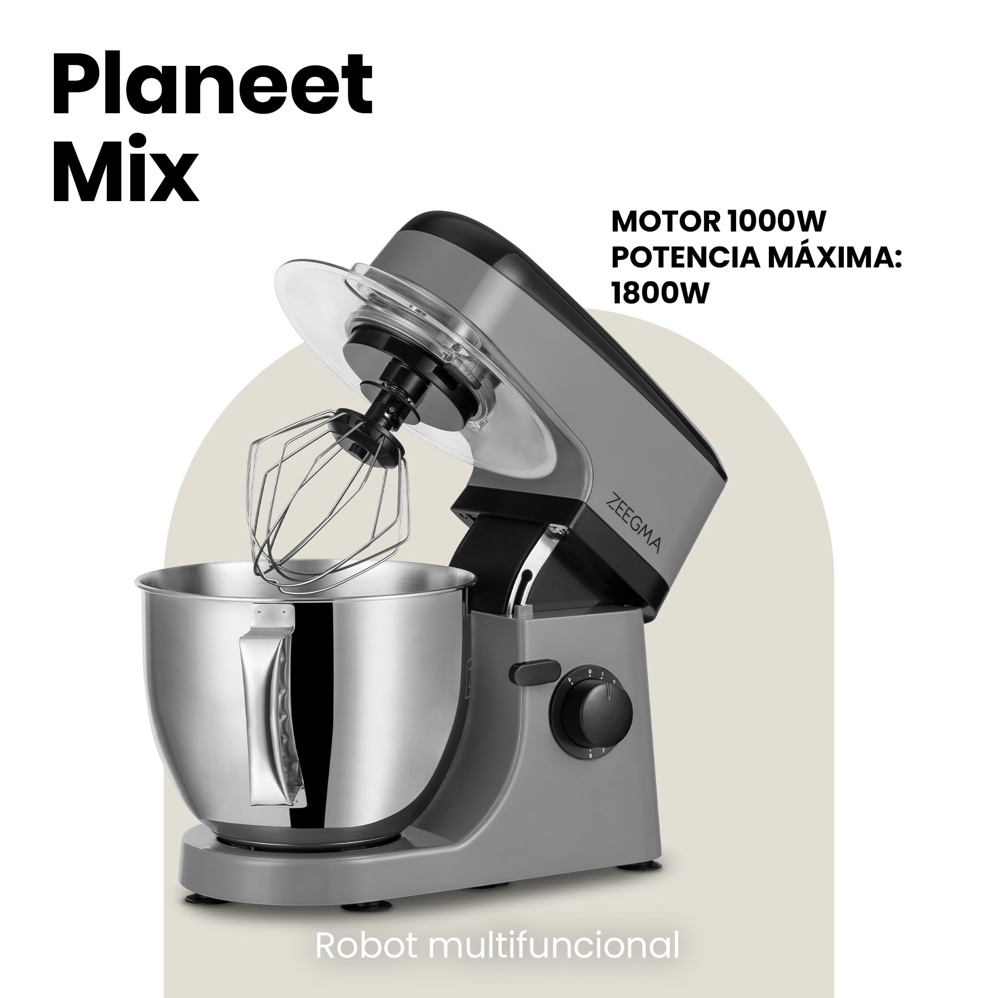 ZEEGMA Planeet MIX - Amasadora (1800 W, robot multifuncional con cuenco de 5 L, con asa y tapa, 8 velocidades, incluye panel táctil de 3 piezas) (Red)