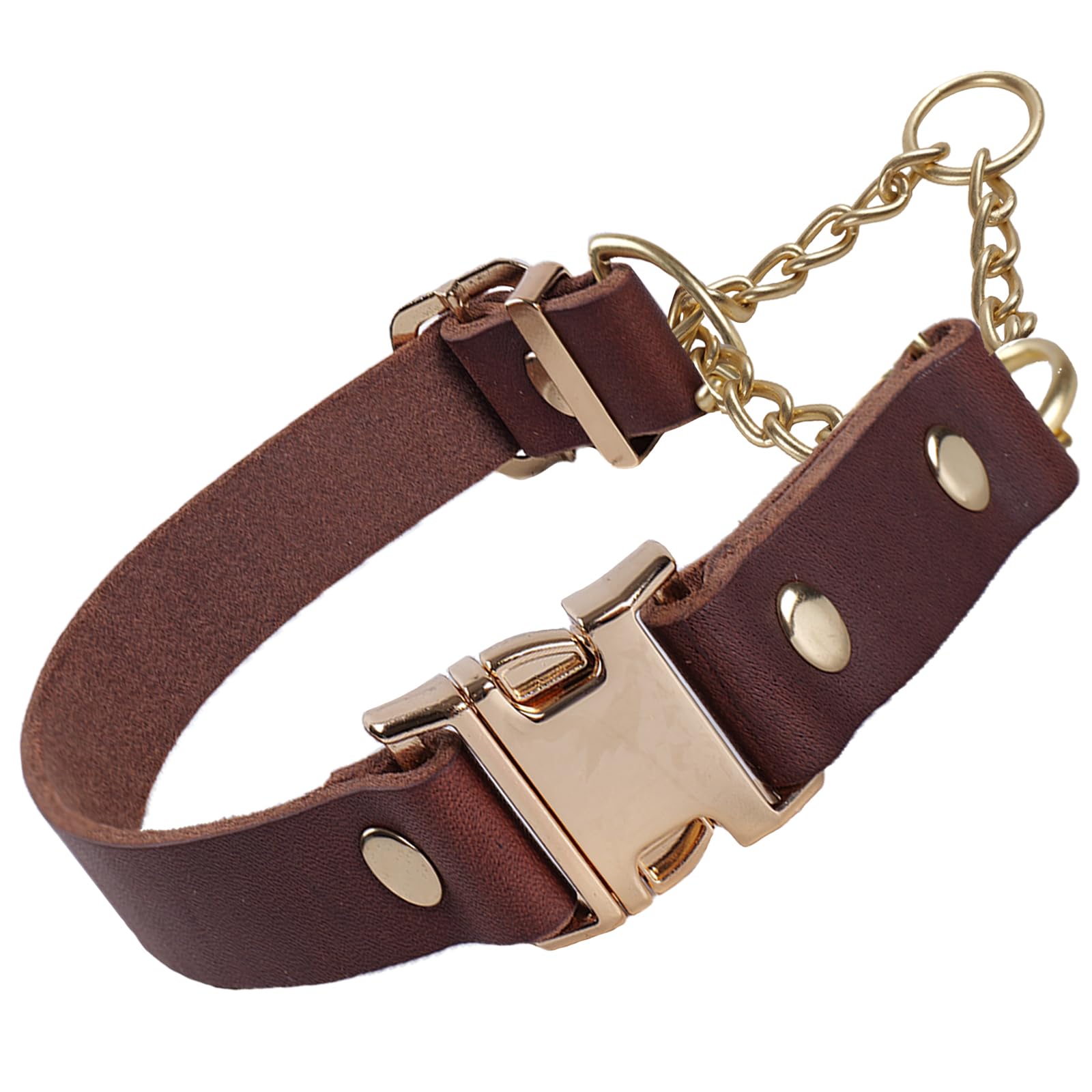 Genuine Leather Half Check Dog Collar, Adjustable Training Collar for Small Medium Large Dogs, No-Pull Limited Slip Choker for Walking Training(Brown,XL)