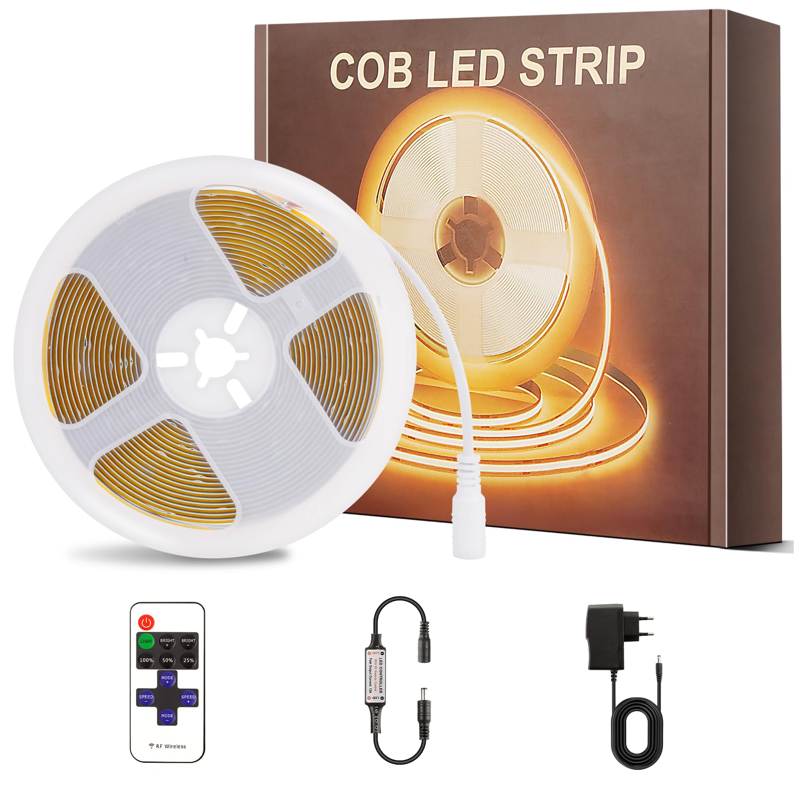PSTAR COB LED Streifen Warmweiss 2700K 4M, TV Led Beleuchtung 320LEDs/M Dimmbar LED Strip Lights, mit RF Fernbedienung, Flexibel LED Band licht für Schlafzimmer,Zuhause DIY Beleuchtung
