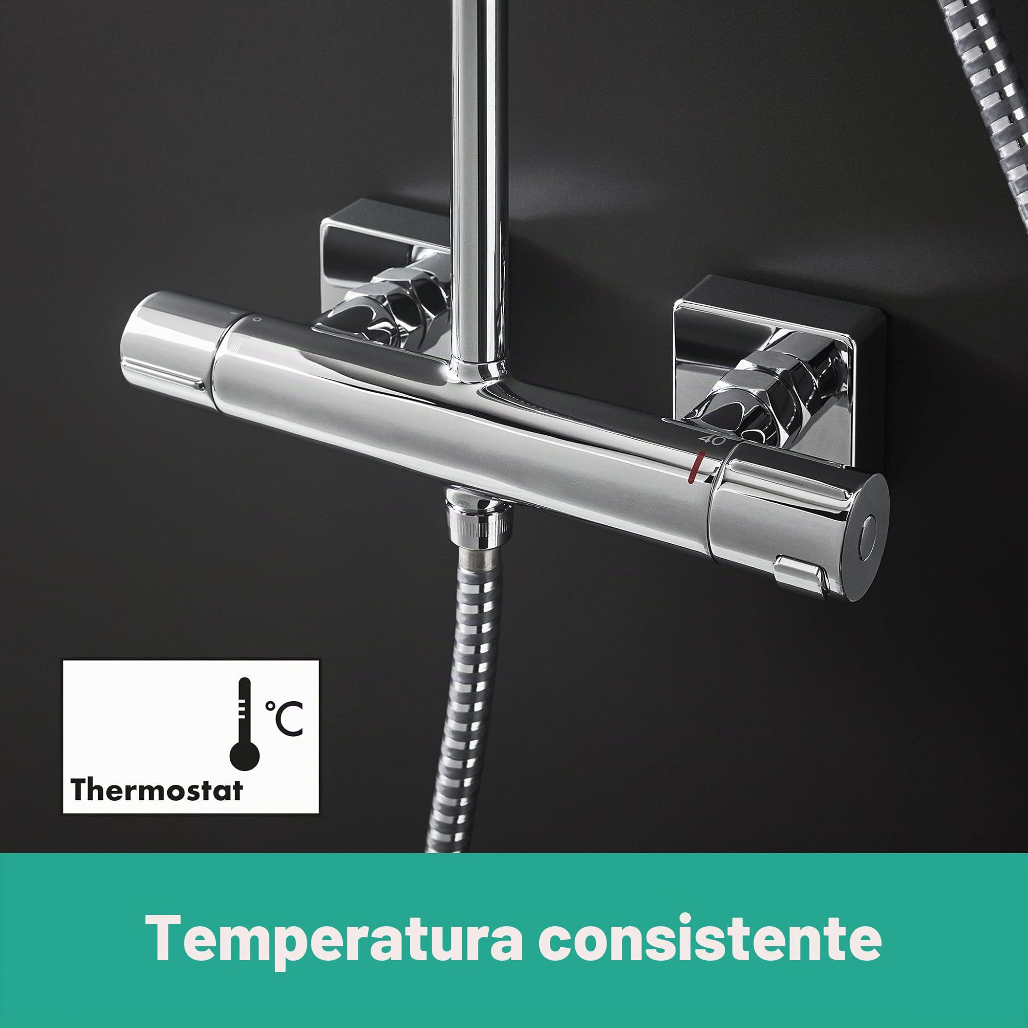 hansgrohe Vernis Shape - sistema de ducha con termostato, ducha lluvia (230 x 170 mm) con grifo, ducha de mano (2 tipos de chorro), flexo, barra, ducha fija rectangular (1 tipo de chorro), cromo