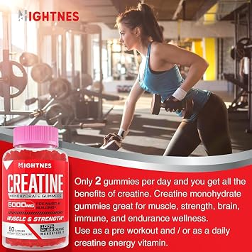Creatine Monohydrate Gummies for Men & Women - Creatine Pre-Workout Gummies with Taurine & Vitamin B6 B12 for Maximum Strength, Muscle, Energy, Endurance & Focus, Organic, Vegan-60 Count