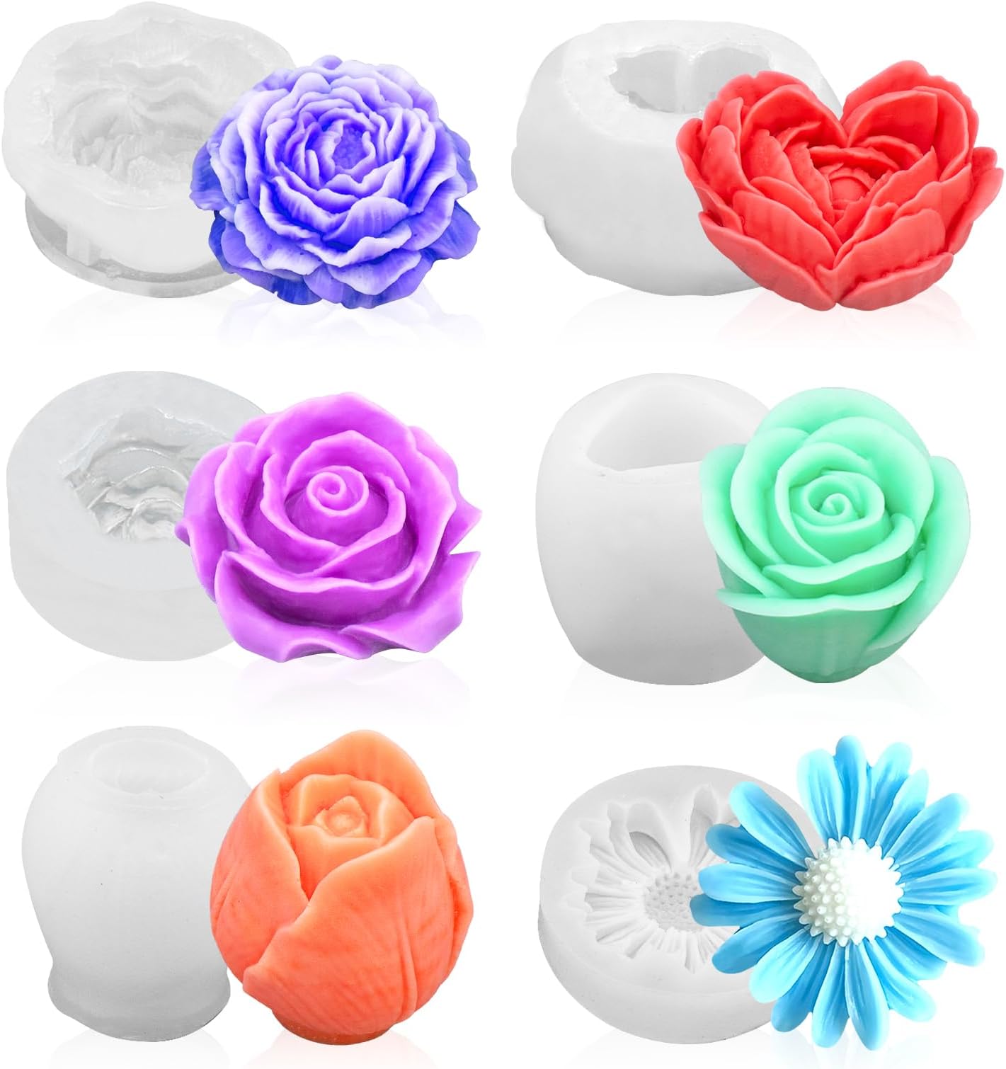 6Pcs Flower Mold Set Candle Soap Epoxy Resin Mold Silicone Shapes for Candle Resin Soap Craft Cake (6Pcs Flower Mold Set)