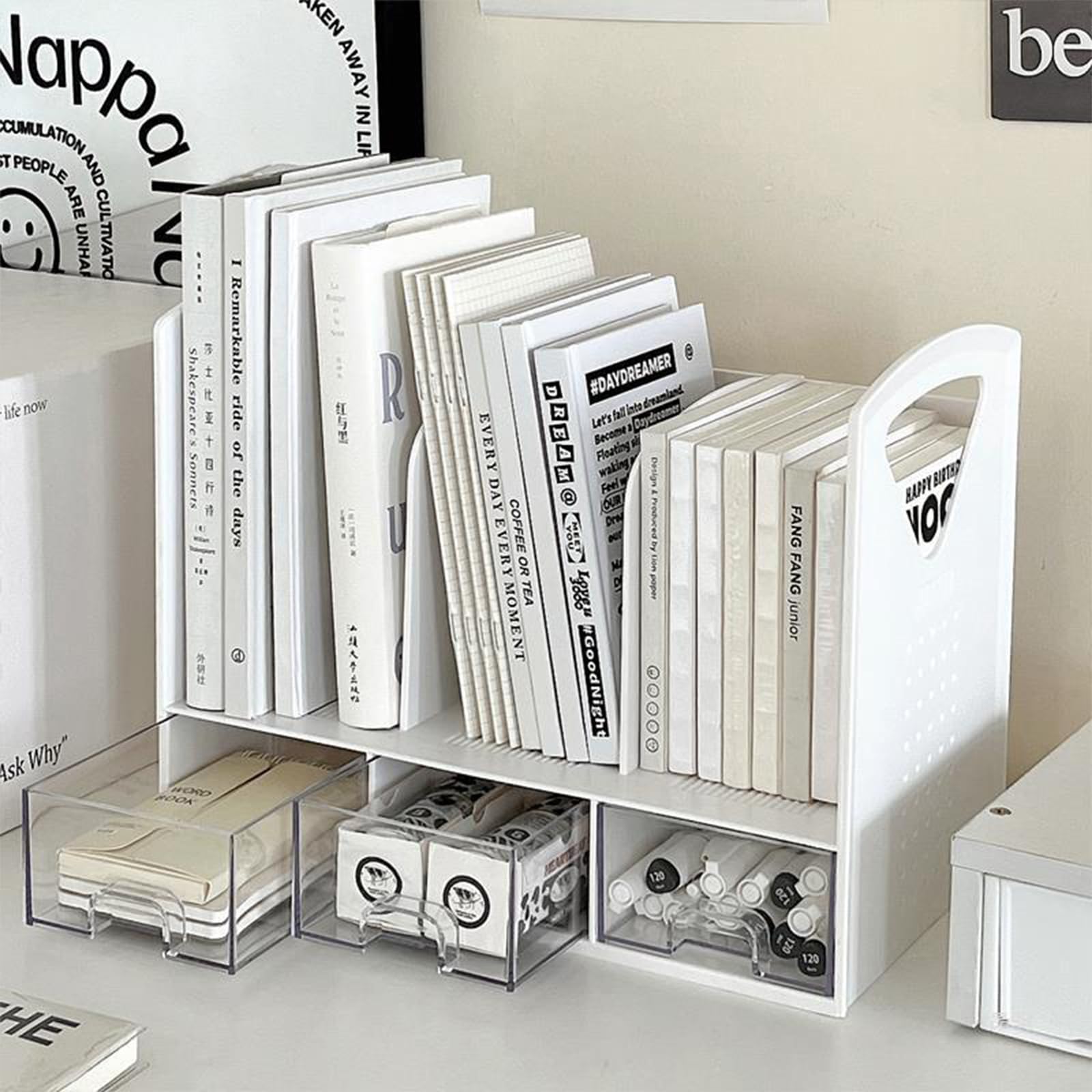 HAENJA Plastic Bookshelf with Drawers, Desktop Book Display Shelf Rack, Countertop File Rack Stand for Desk, Office Supplies, Study