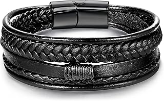 LOWNOUR Leather and Steel Magnetic Braided Bracelets for Men, 8.7in, Black