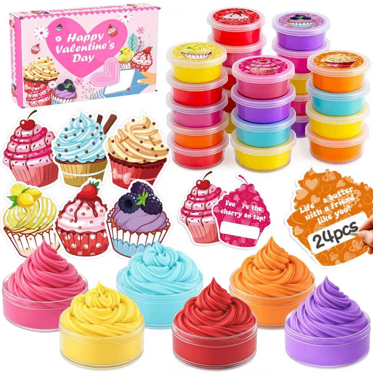 24 Pack Butter Slime Stress Relief Fidget Toy With Themed Cards, School Class Party Favors Gift Exchange for Girls Boys Students Toddlers