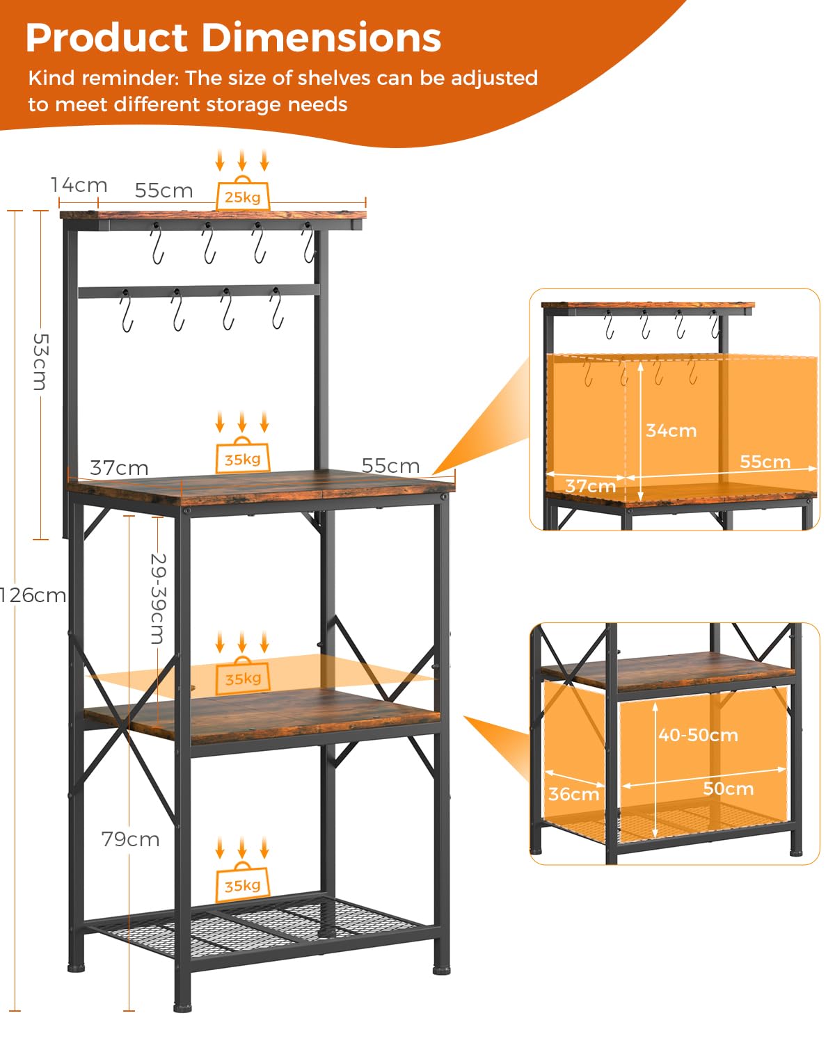 COMHOMA Scaffalatura,Scaffale Cucina,Scaffale a Piede,Scaffale per Microonde,Scaffale Spezie,Libreria con Protezione Anti-Ribaltamento,Mobile con 4 Ripiani,8 Ganzi a S,55x37x126cm,Marrone Vintage