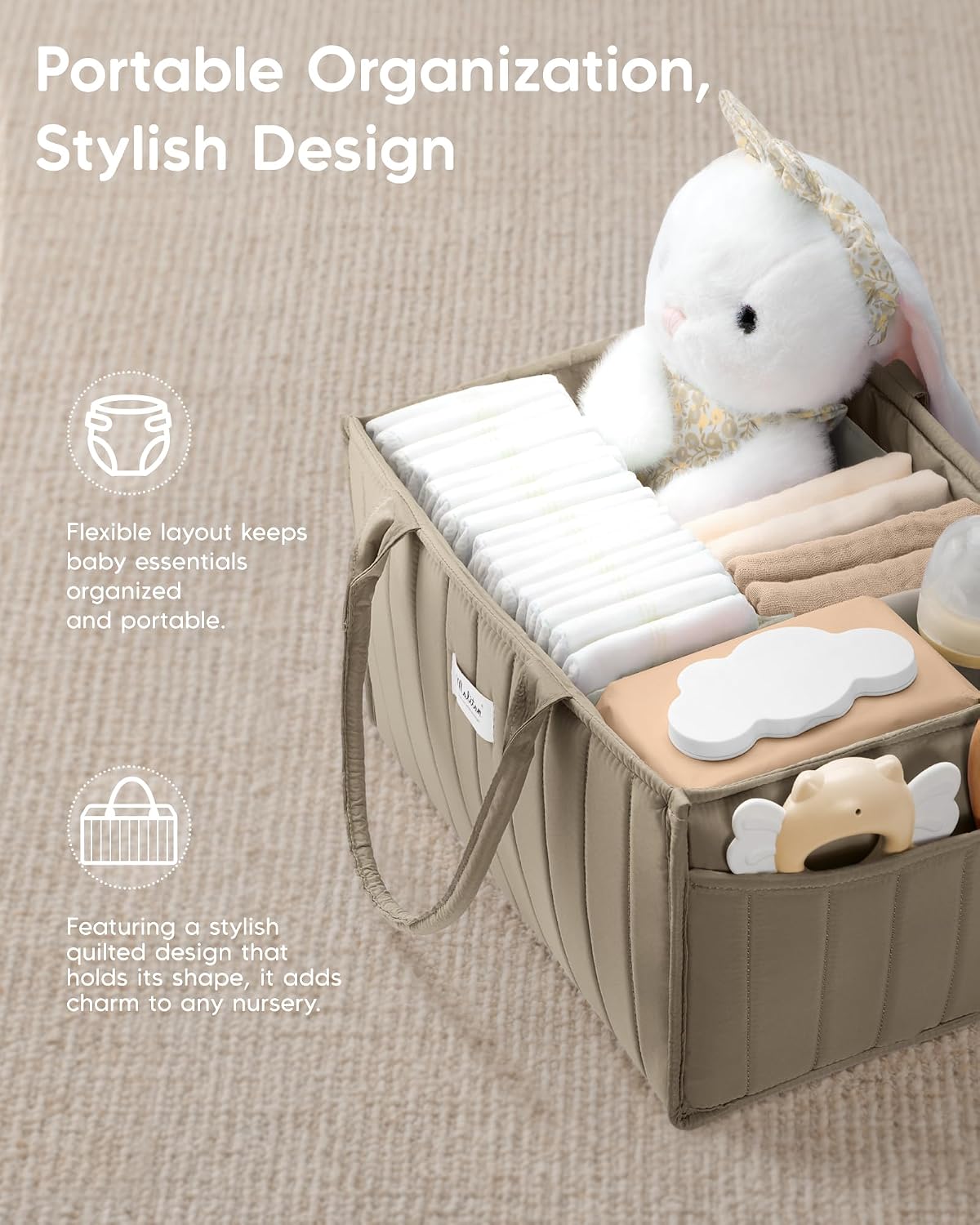 Maliton Baby Diaper Caddy Organizer with 2 Side Pockets, Portable, Brown | With handle and Removable Dividers, nursery storage basket, car organizer for diapers & wipes. Boy & girl shower gift