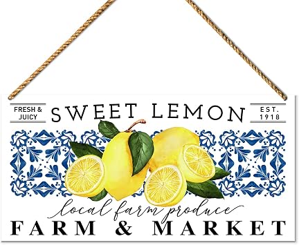 Farmhouse Kitchen Sign Decor, Sweet Lemon Farm & Market, Farmhouse Summer Sign for Home Porch Decor Kitchen Dining Room Rustic Summer Decoration for Home Office Bedroom Outdoor