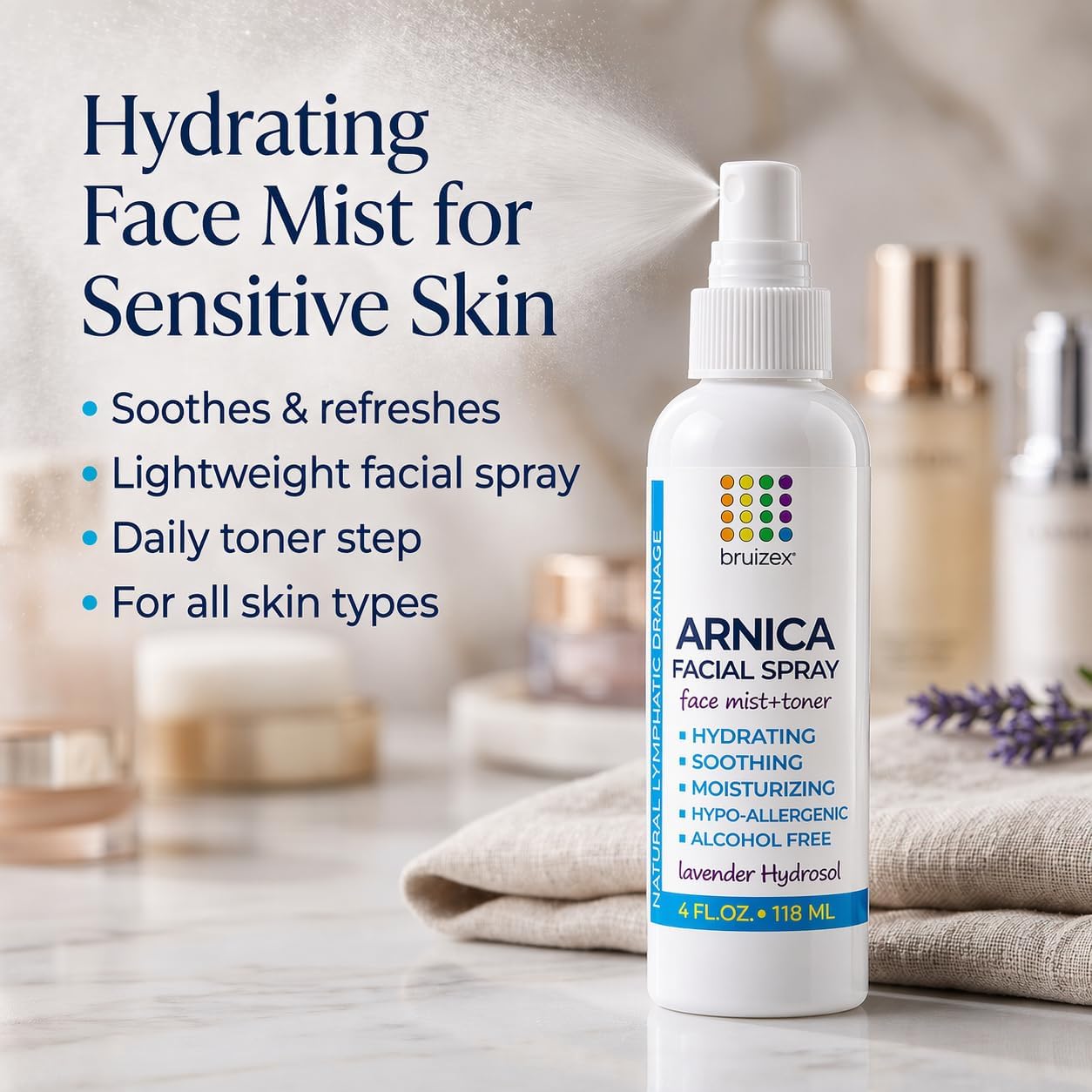 Bruizex Arnica Montana Hydrating Face Mist, Soothing & Rejuvenating Facial Spray, Face Toner for Sensitive Skin, Face Puffiness Reduction, Suitable for All Skin Types, Lavender Face Spray, 4 Fl Oz
