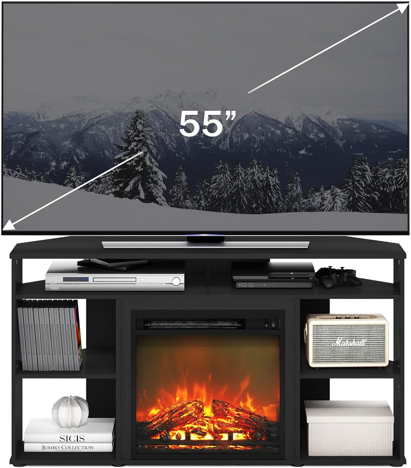 Furinno Jensen Corner TV Stand with Fireplace for TV up to 55 Inches, Americano - Image 3