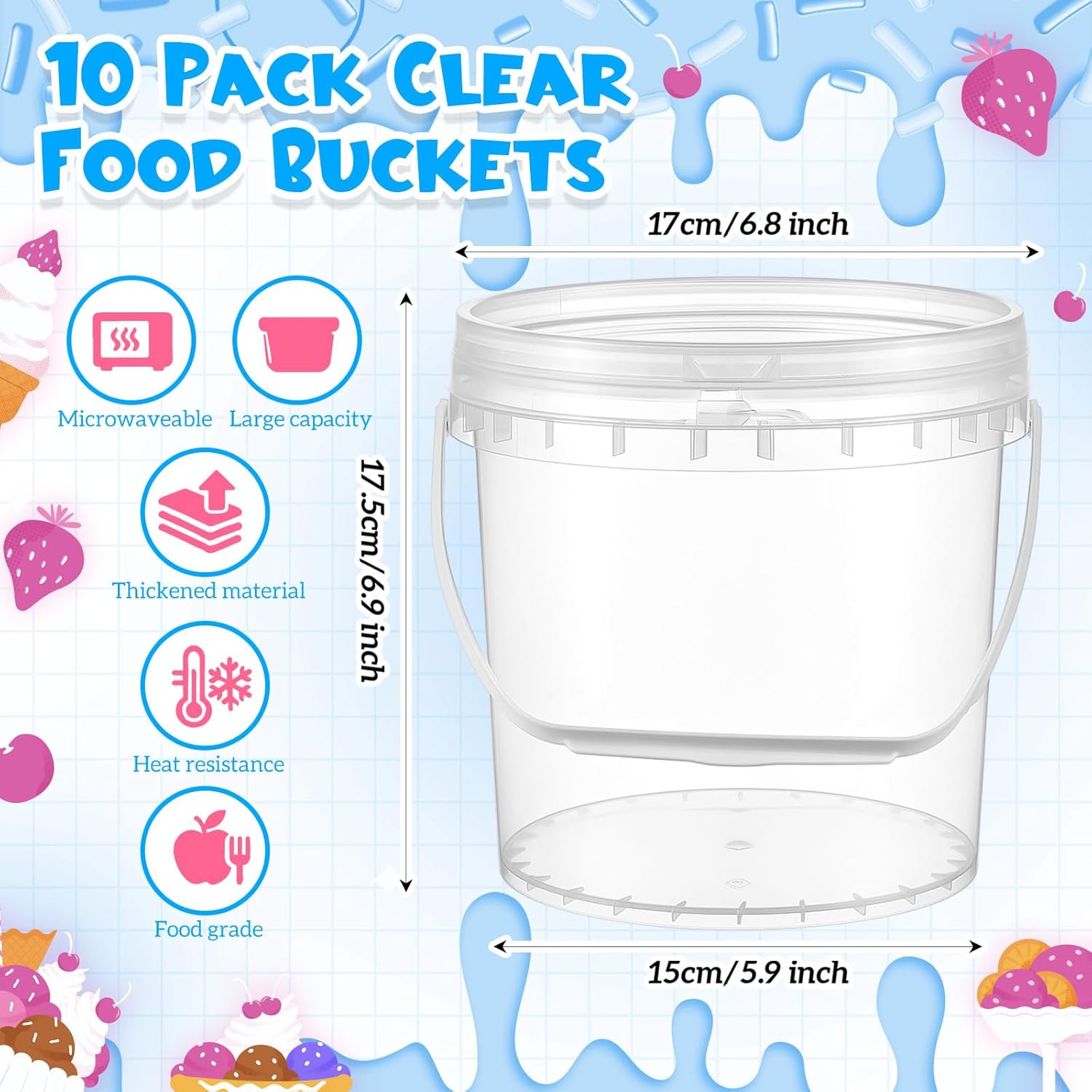 10 Pack 1 Gallon / 128 oz / 3.8 L Clear Plastic Bucket with Handle and Lids Food Storage Containers Freeze Safe Ice Cream Tubs for Deli Kitchen Drinks Home