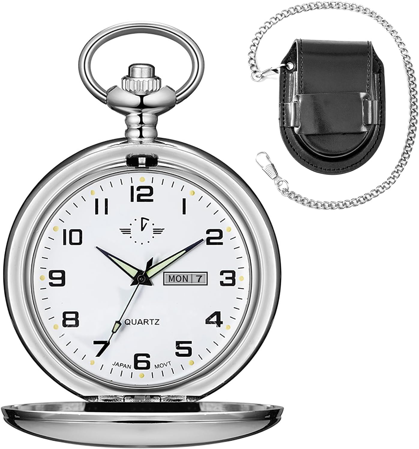 BOSHIYA Men's Hollow Quartz Pocket Watch Classic Arabic Digital Luminous dial & Date Pocket Watch with Chain Christmas Graduation Birthday Gift