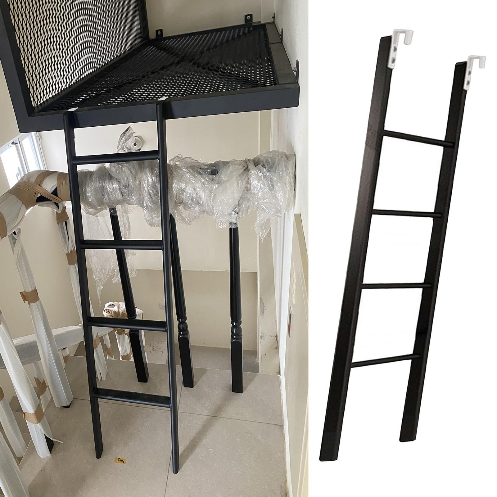 CMYUN Metal Short Ladder/Bunk Bed Ladder with Hooks, Black Camper RV Bunk Ladders for Dorm Home, Space Saving Safety Step Climb Ladder for Loft(140cm/55)