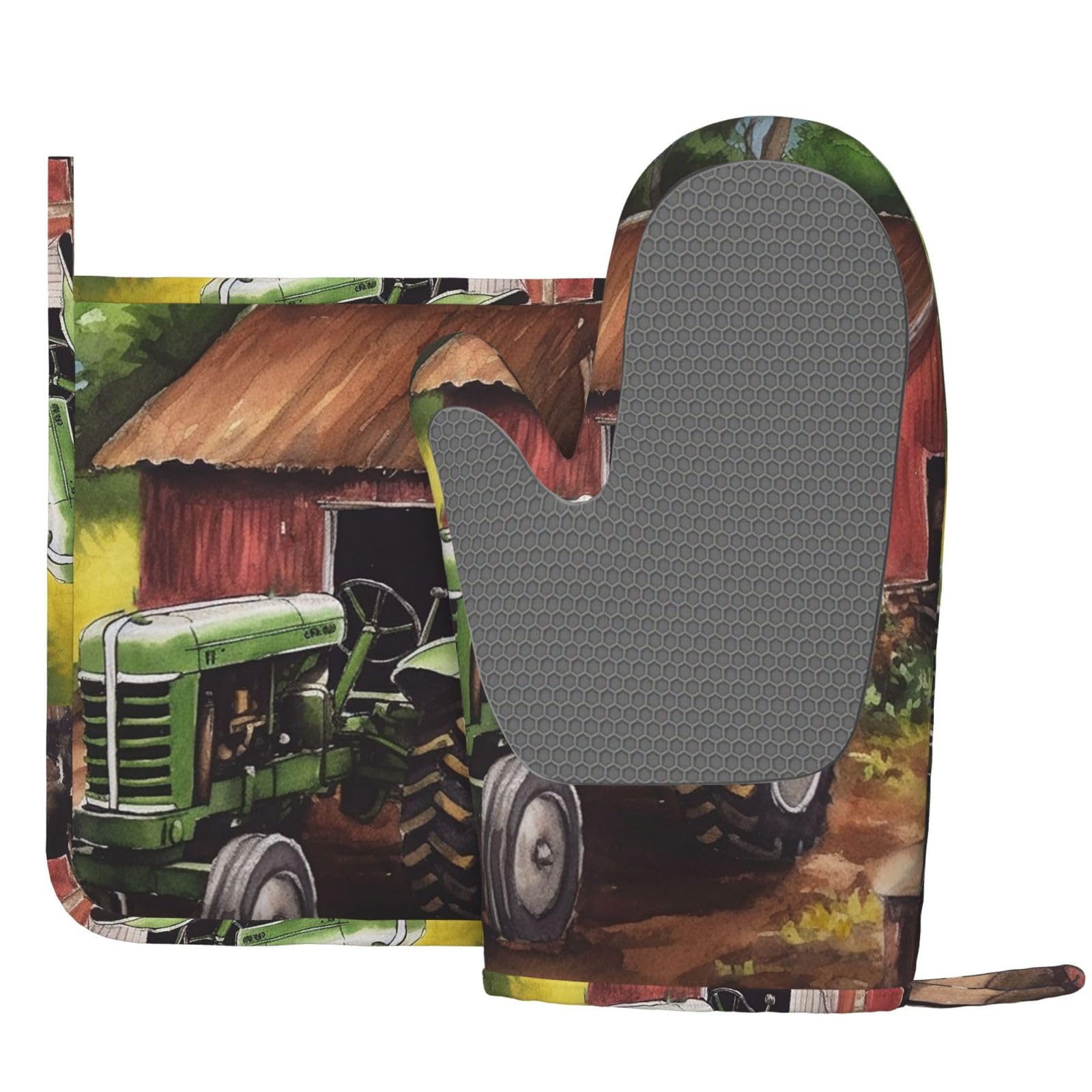 2 Pcs Silicone Oven Mitts and Pot Holders Set Tractor on The Farm Oven Glove and Potholders Silicone Heat Resistant BBQ Gloves Hot Pads Cooking Gloves for Kitchen Baking Grilling