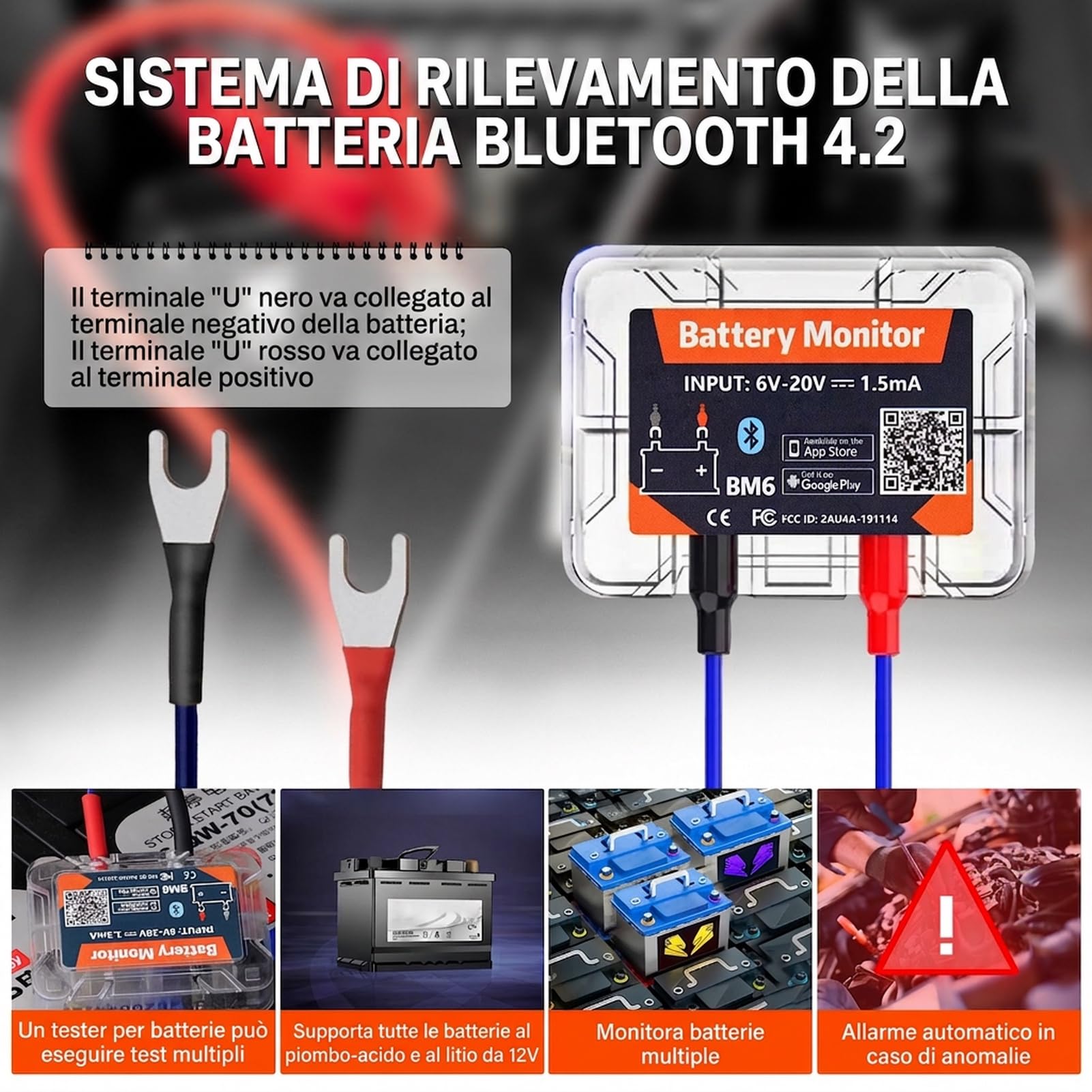 Battery monitor 12V Bluetooth 4.2 Tester batteria auto DC 6V-20V Monitoraggio dello stato della batteria in tempo reale con protezione da cortocircuito e inversione di polarità Avviso anomalo.