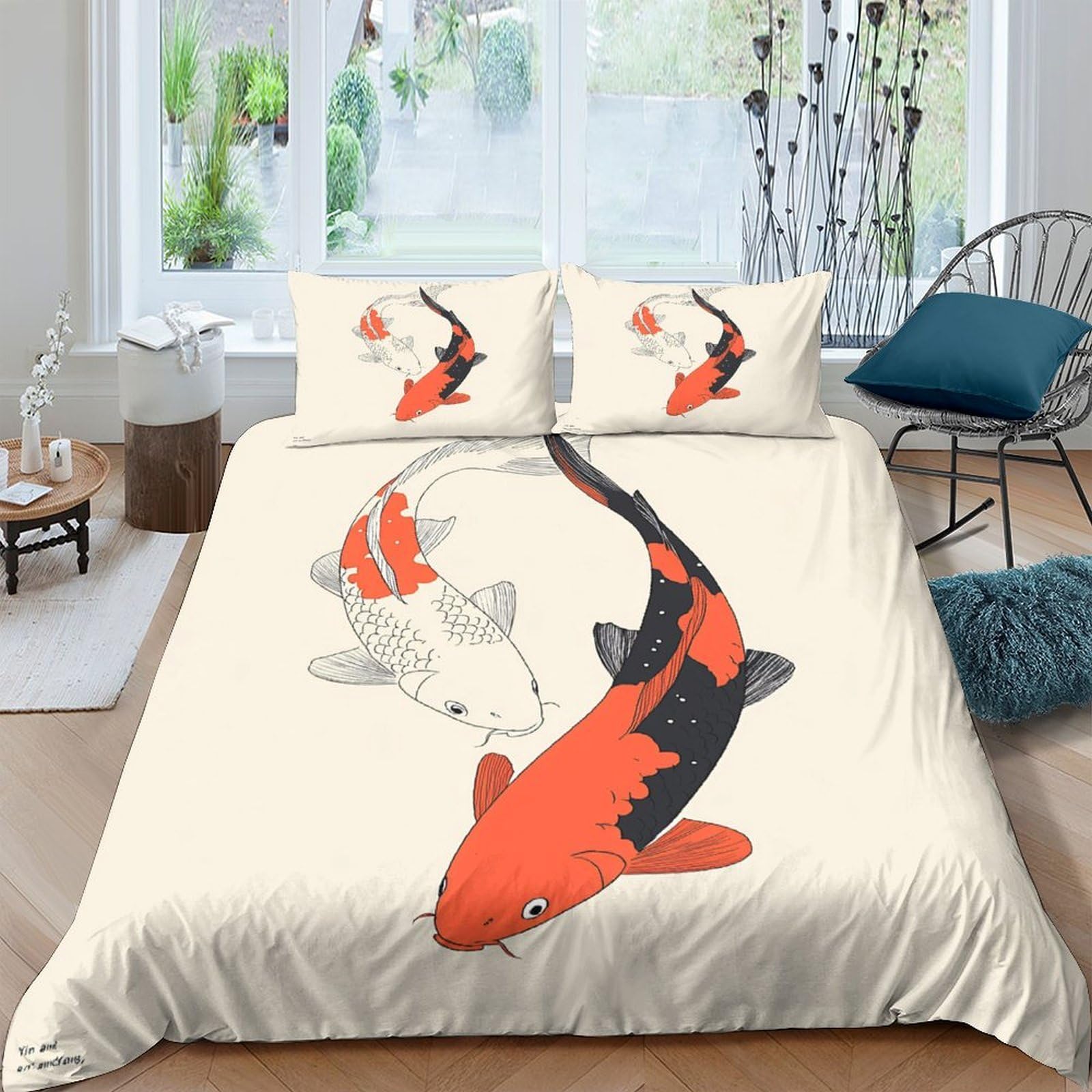 Ctjqhvkz Style-5 3D Printed Koi Fish Fitted Sheet Microfiber Soft Orange Black Yin Yang Bed Cover For Bedroom Guest Room Décor Protection Single（135X200cm）