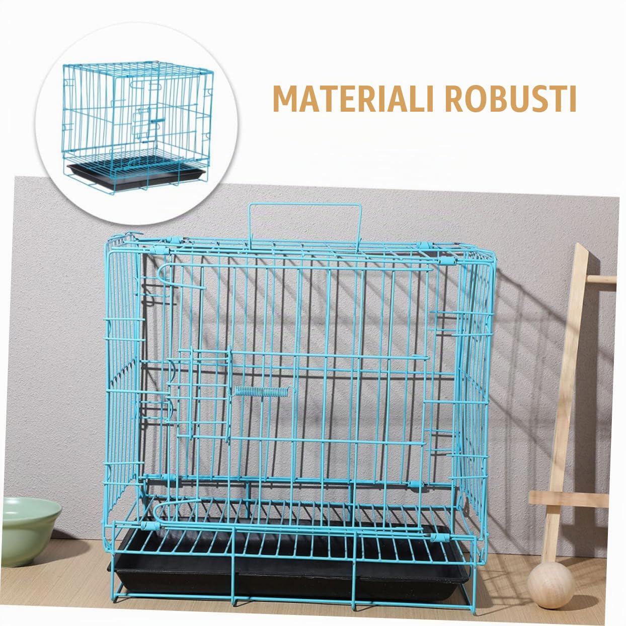 Gabbia Portatile per Gatti e Conigli in Ferro Verniciato Blu con Vassoio Trasportino Traspirante e Sicuro per Viaggi e Attività all Aperto